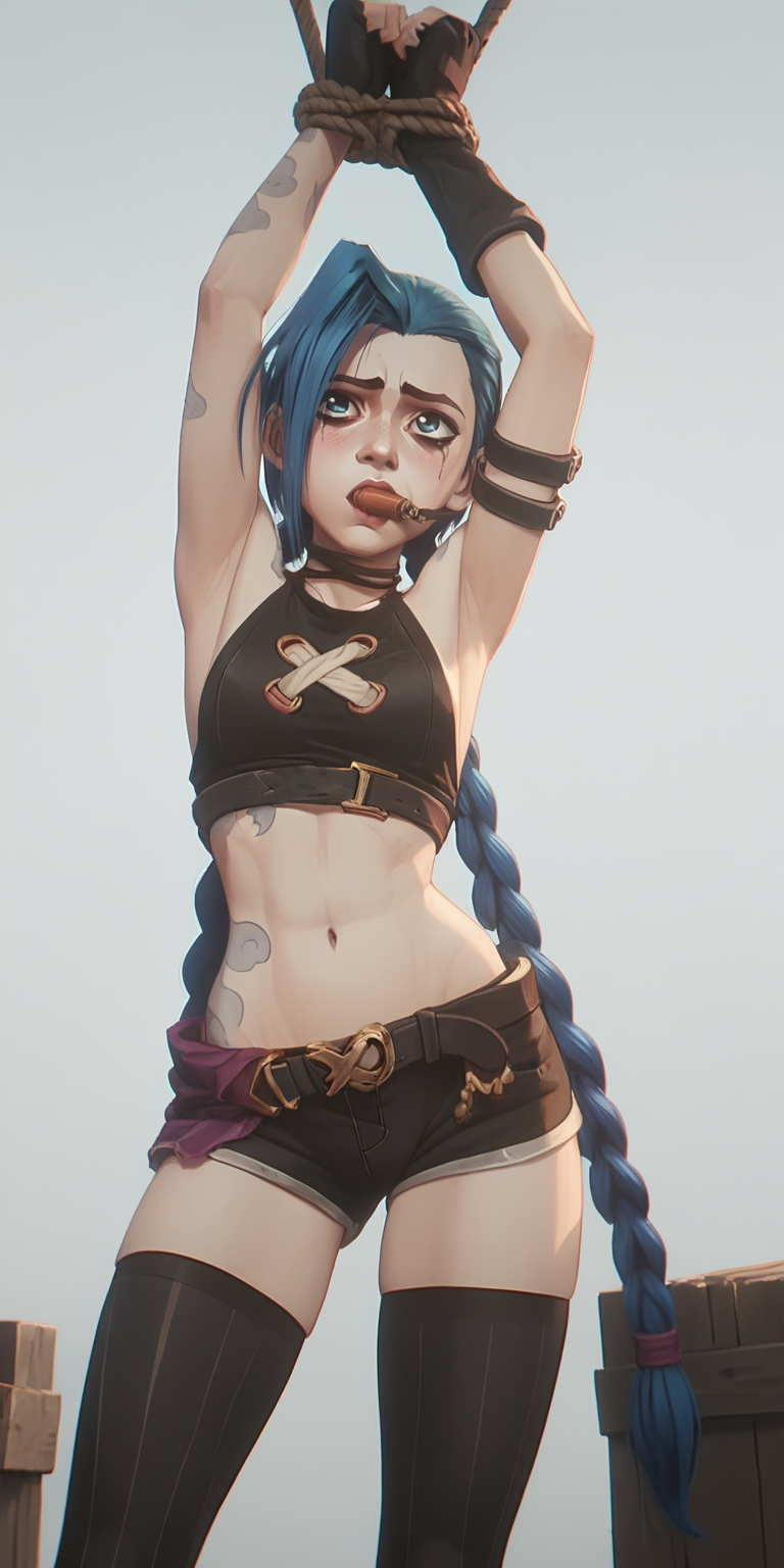 ai_generated arcane blue_hair ends34 female female_only gag jinx_(league_of_legends) league_of_legends long_hair medium_breasts narrow_waist rope shorts stockings