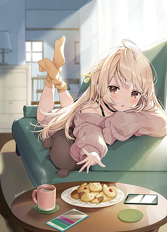 bear blonde_hair couch feet loose_socks yellow_eyes yellow_socks young