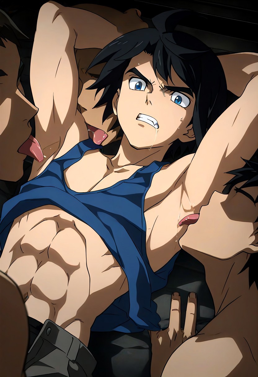 ai_art ai_assisted ai_generated armpit_fetish armpit_licking armpits gangrape gay gundam gundam_tekketsu_no_orphans licking_armpit male_focus male_only male_rape_victim mikazuki_augus mobile_suit_gundam rape