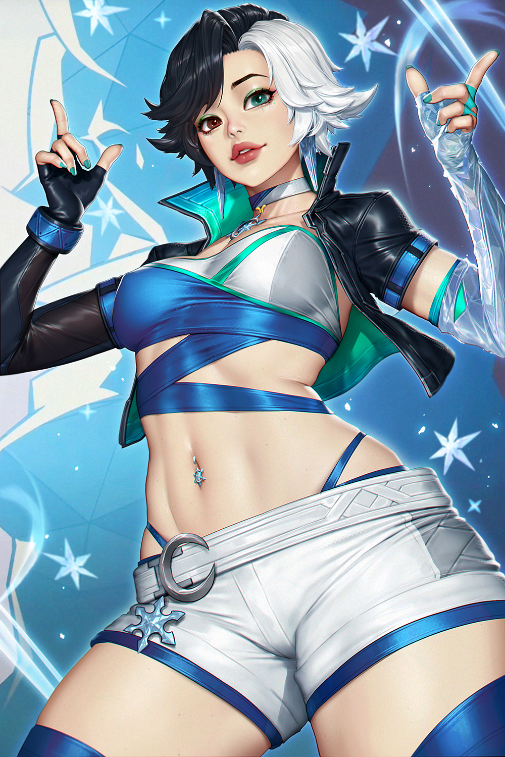 1girls abs aqua_eyes aqua_nails asymmetrical_gloves black_gloves black_hair black_jacket breasts brown_eyes choker cropped_jacket eyeshadow female female_only fingerless_gloves gloves green_eyeshadow heterochromia highres jacket lips luna_snow luna_snow_(marvel_rivals) makeup marvel marvel_rivals midriff mismatched_gloves navel navel_piercing neoartcore paid_reward_available parted_lips piercing seol_hee short_shorts short_sleeves shorts snowflakes solo split_mouth thick_thighs white_choker white_hair white_shorts