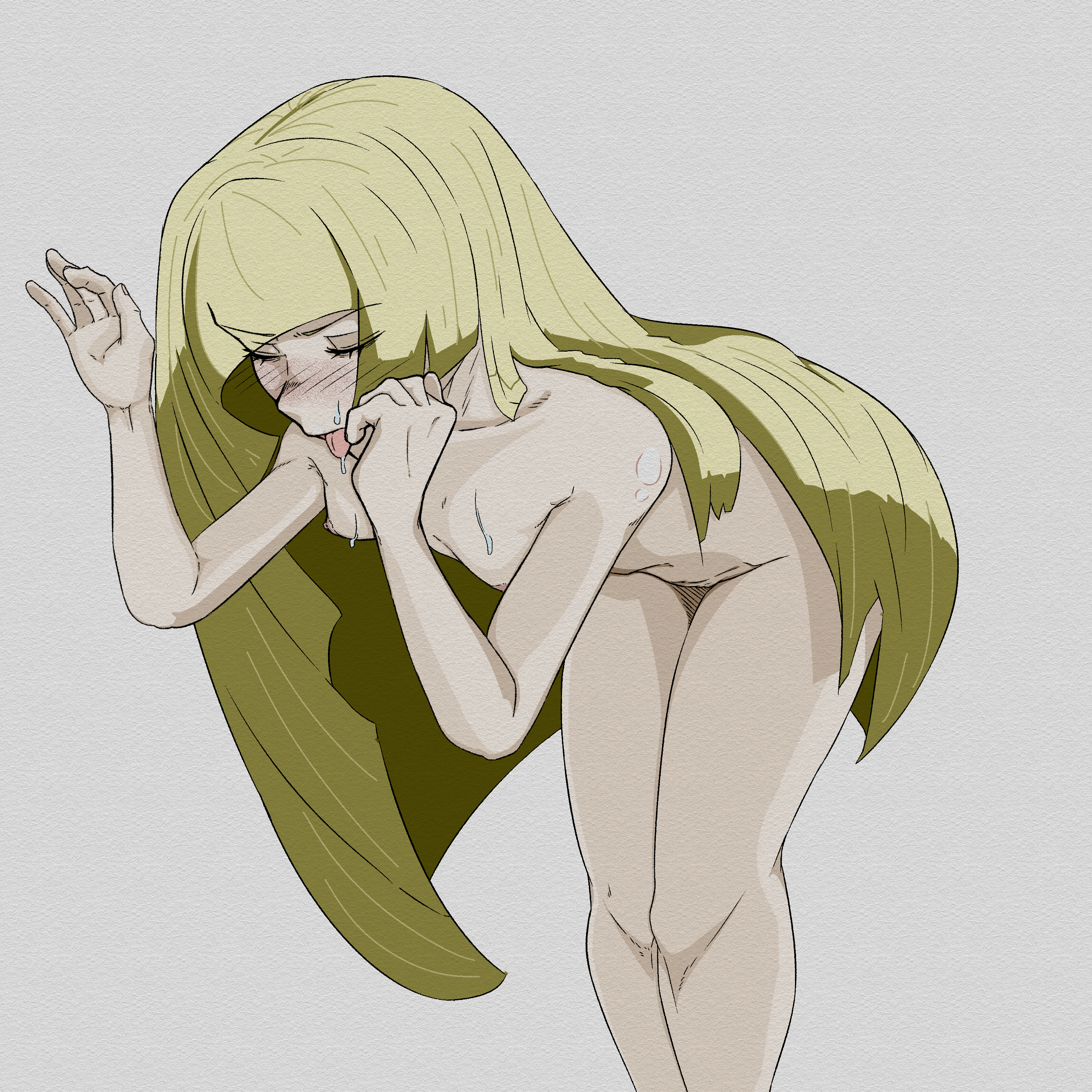 1girls, artist request, bent over, blush, breasts, female, lusamine (pokemon), mature female, milf, naked, nude, older female, pokemon, pokemon sm, small breasts, sole female, sweat, sweatdrop, tongue, tongue out, vasp2oekaki