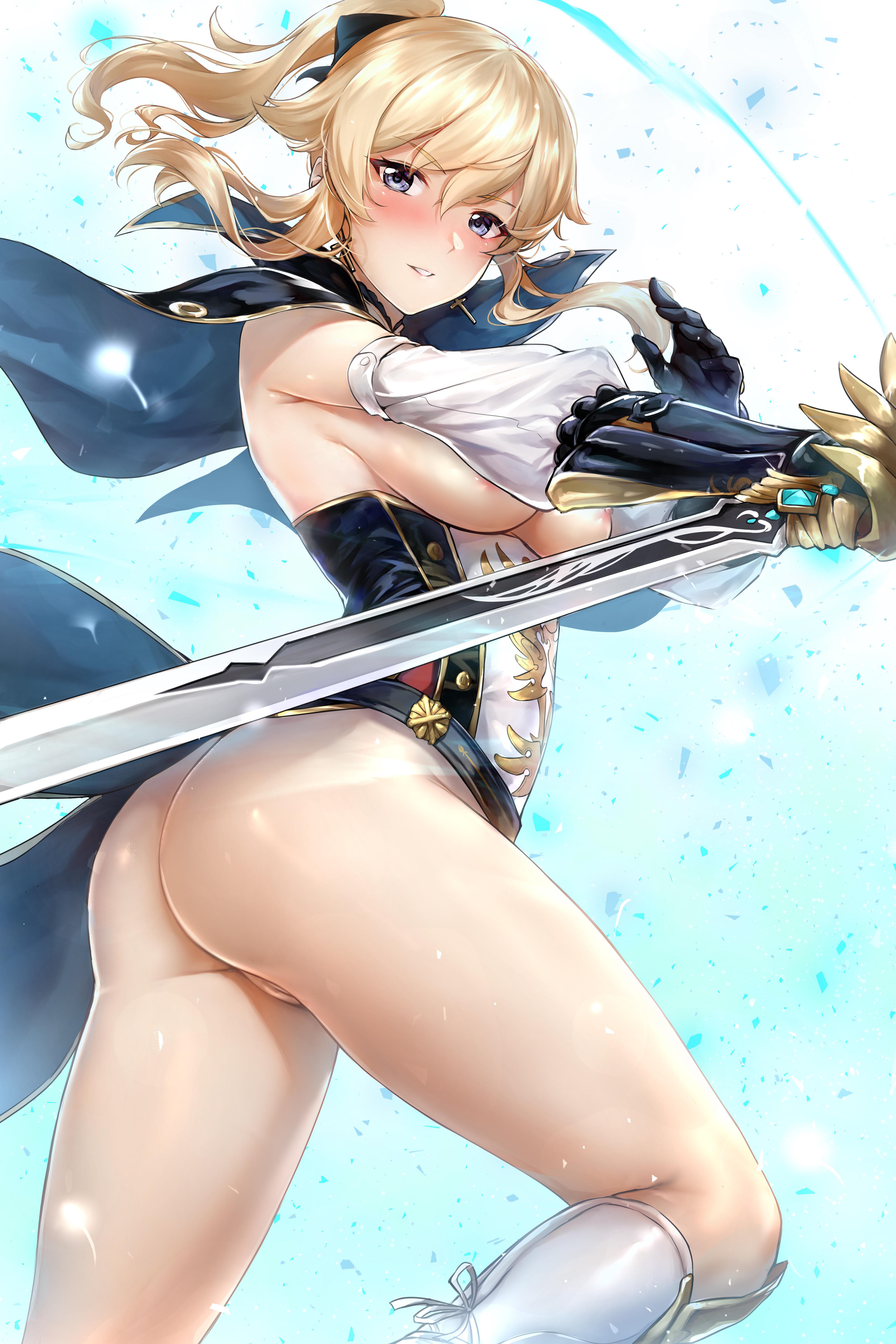 :d, 1girls, absurd res, arched back, ass, big ass, blonde hair, blue eyes, blush, breasts, female, genshin impact, hi res, jean gunnhildr, legs, nipples, ponytail, pussy, rei kun, smile, sword, thick thighs, thighs, uncensored