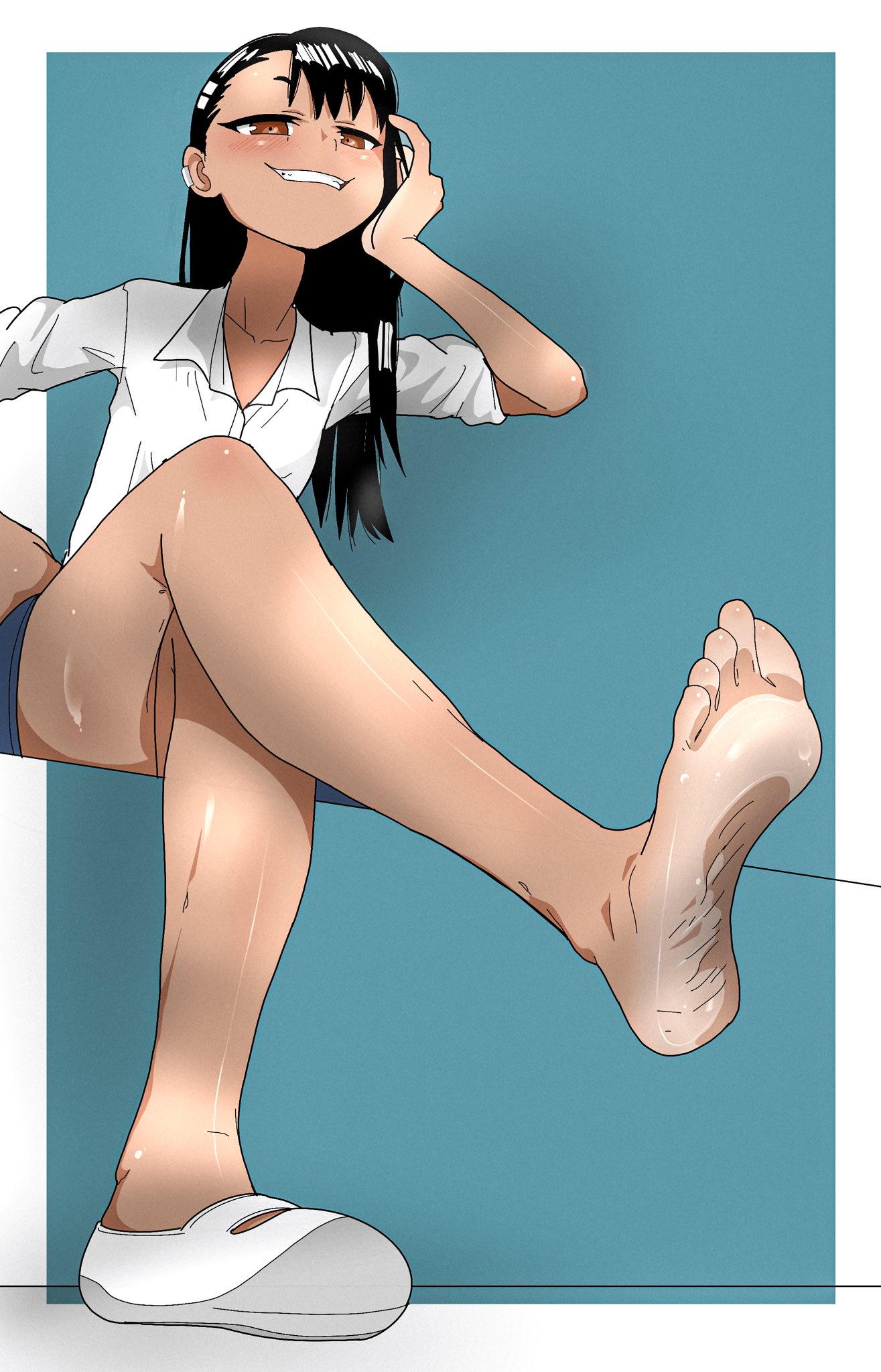 1girls, biting lip, black hair, brown eyes, clothed, clothing, earrings, feet, female, female focus, female only, foot fetish, hayase nagatoro, highlighted soles, long hair, looking at viewer, pawfeather, please don't bully me, nagatoro, revealing clothes, simple background, sitting, skirt, smile, soles, solo, tan, tanline, tanned, toes