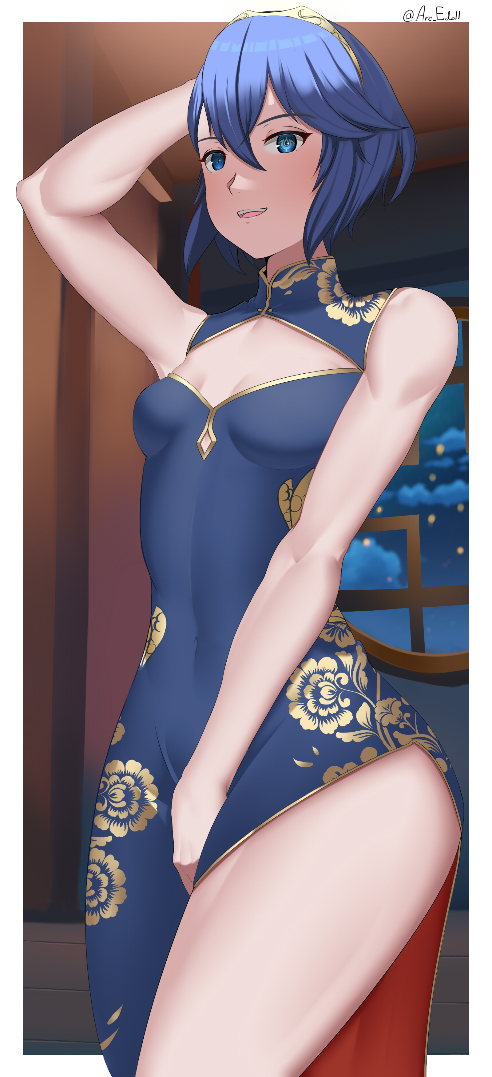1girls, alternate costume, alternate hairstyle, arcedo, bare thighs, blue eyes, blue hair, breasts, china dress, chinese clothes, female, female only, fire emblem, fire emblem awakening, indoors, looking at viewer, lucina (fire emblem), marth (fire emblem awakening), nintendo, short hair, small breasts, smile, solo, symbol-shaped pupils, thighs, tiara, window