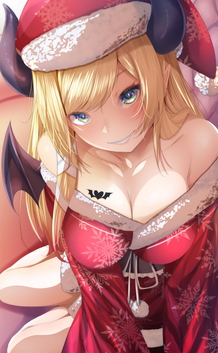 1girls, bad id, blonde hair, breast tattoo, breasts, christmas clothing, christmas hat, christmas outfit, clothed, clothed female, demon, demon horns, demon wings, female, female only, fumihiko (pixiv2658856), green eyes, hololive, hololive gen 2, hololive japan, large breasts, looking at viewer, santa hat, succubus, tattoo, virtual youtuber, yuzuki choco