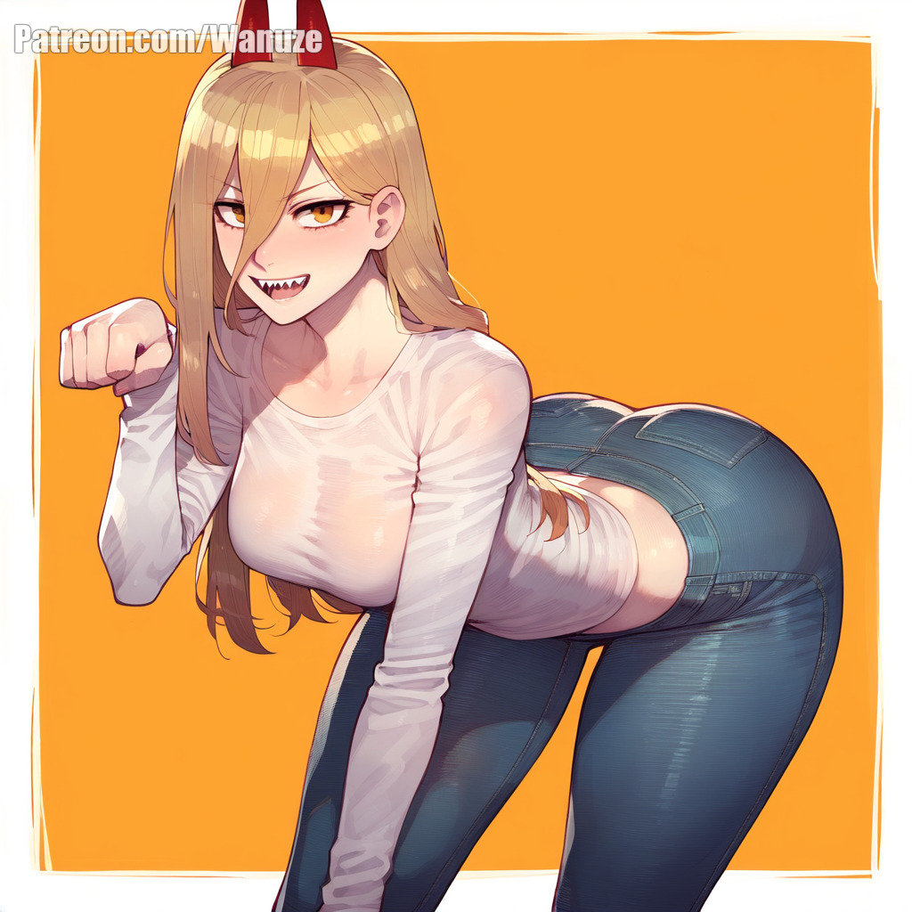 ai_generated big_ass big_breasts big_butt big_thighs blue_pants blush chainsaw_man horn huge_ass huge_butt huge_thighs kneeling medium_breasts orange_eyes orange_hair paw_pose power_(chainsaw_man) red_horns see-through see-through_clothing sharp_teeth simple_background wanuze white_shirt wide_hips