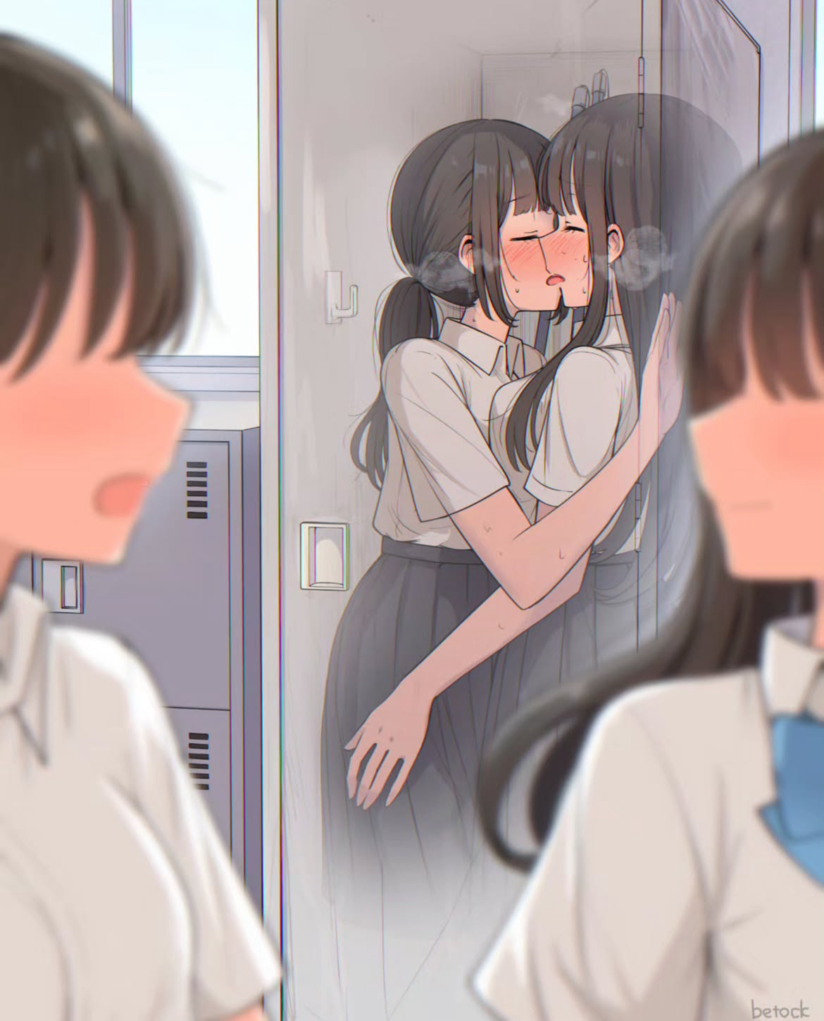 blush, breath cloud, female, in container, kissing, lesbian, lesbian kiss, locker, public, school, school uniform, schoolgirl, tagme, yuri