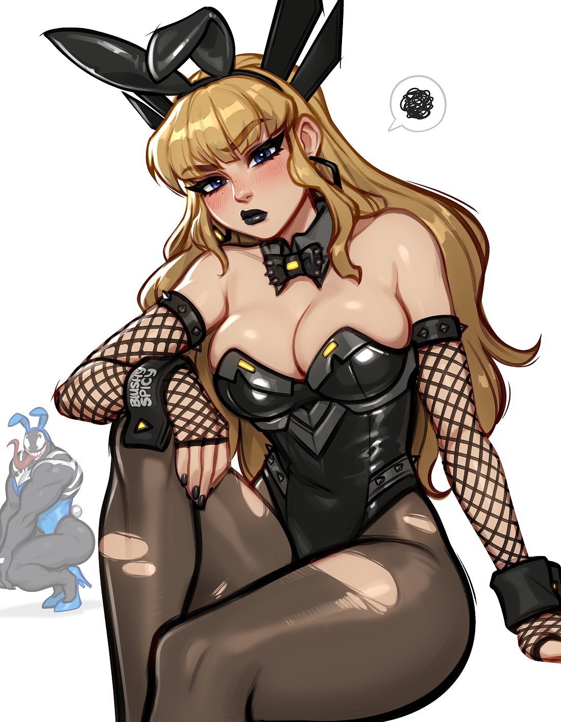 annoyed_expression blushypixy blushyspicy bunny_ears bunny_girl bunnysuit clothed looking_at_viewer magik_(marvel_rivals) tounge_out url venom_(marvel_rivals) white_background