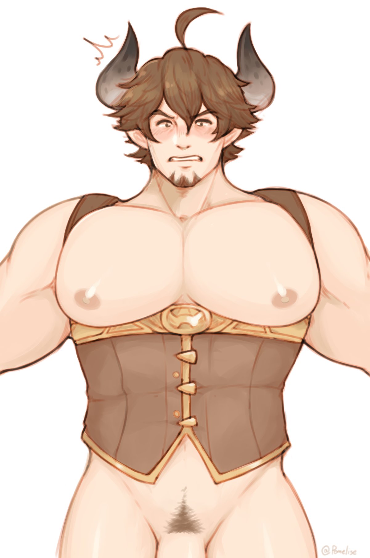 animal_ears balls bara barawa big_pecs bottomless cow_ears draph facial_hair flaccid granblue_fantasy horns male male_only muscles muscular pantsless penis pomelise solo solo_male