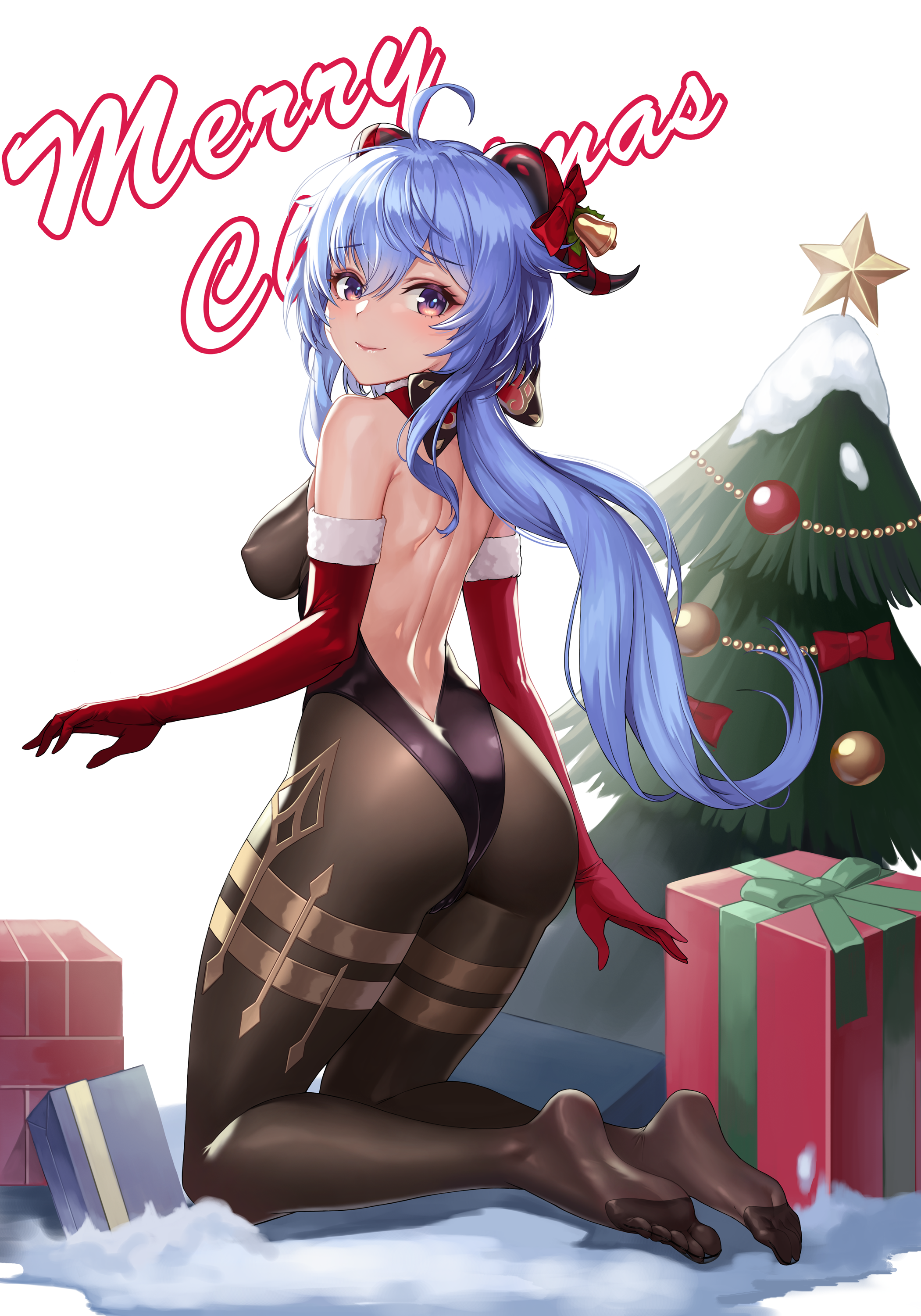 1girls, absurdres, ahoge, ass, back, backless outfit, bangs, bell, black legwear, blue hair, blush, bodystocking, bodysuit, bow, breasts, christmas, christmas ornaments, christmas tree, covered erect nipples, curled horns, elbow gloves, eyebrows visible through hair, feet, female, from behind, ganyu (genshin impact), genshin impact, gift, gloves, gold trim, hair ornament, highres, horns, kneeling, leotard, leotard under clothes, long hair, looking at viewer, low ponytail, medium breasts, merry christmas, multicolored eyes, purple eyes, red gloves, sidelocks, smile, soles, solo, thighlet, thighs, weni