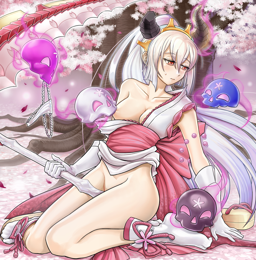 blush breasts broken_horn crotch duel_monster female freega ghost horns japanese_clothing long_hair nipple_tug no_panties removed_clothing scythe skull tagme_(character) yu-gi-oh!