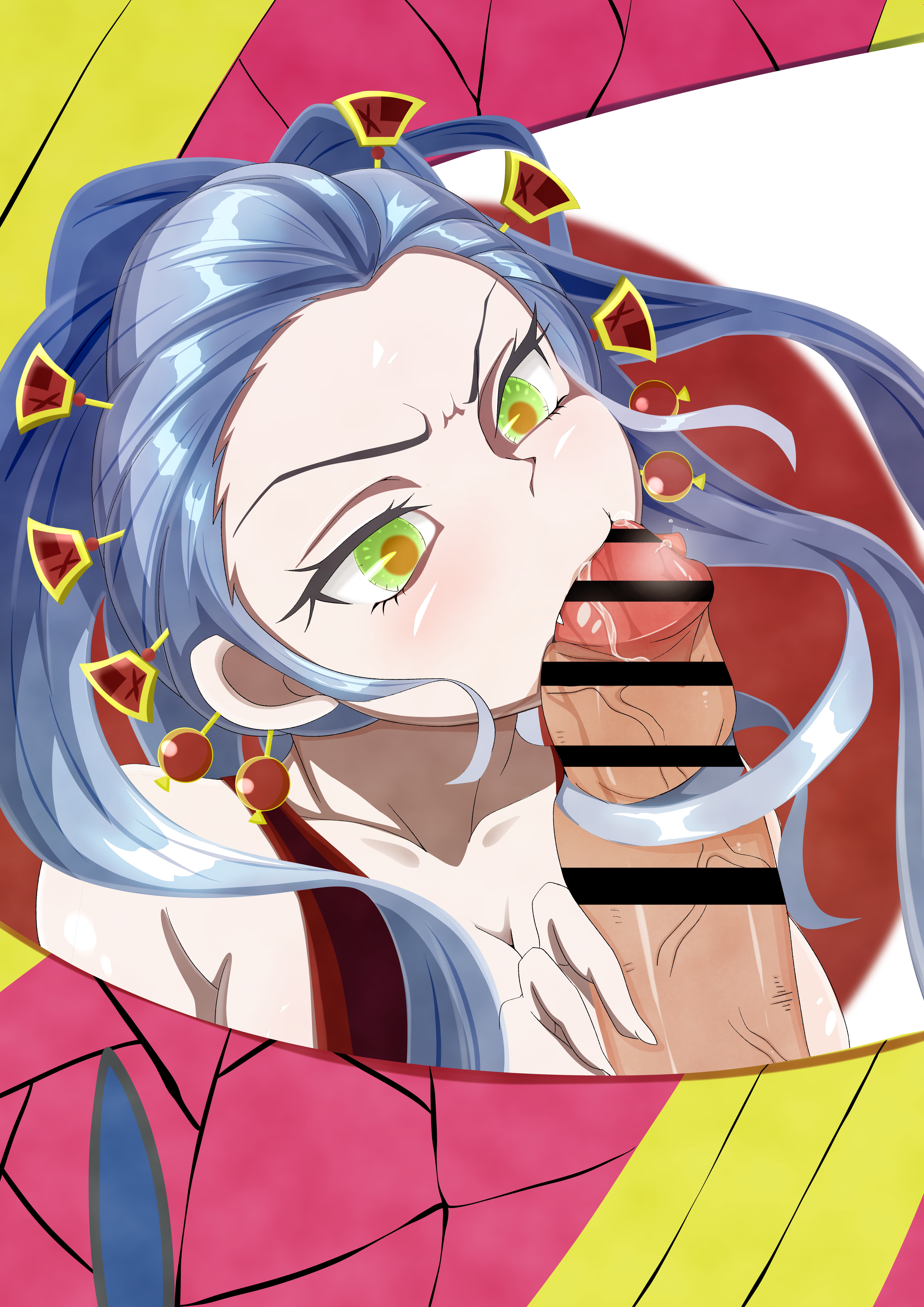 1boy, 1girls, bar censor, censored, daki (kimetsu no yaiba), demon, demon girl, demon slayer, erection, faceless male, fellatio, female, female focus, green eyes, hair ornament, hairjob, holding penis, kimetsu no yaiba, male, oral, penis, silver hair