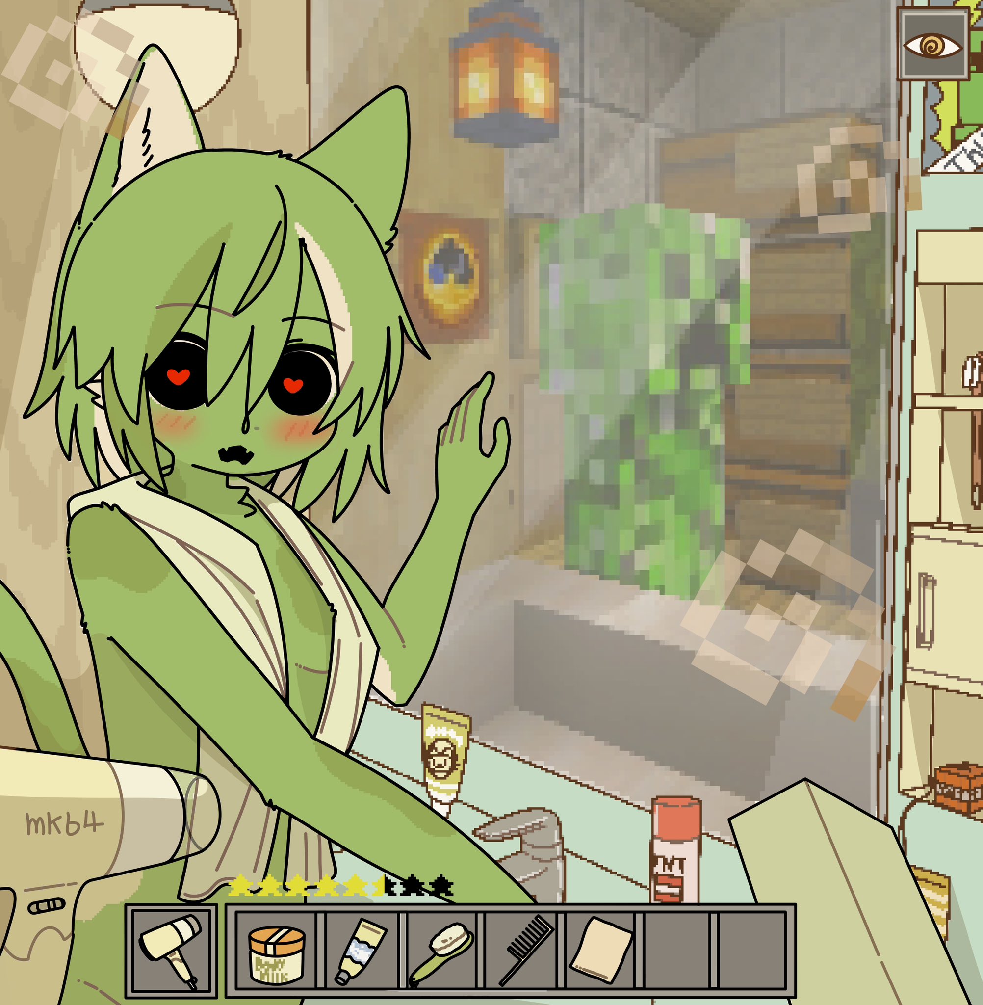 1girls, blush, blushing at viewer, blushing female, creeper, creeper (minecraft), creeper girl, doremifaso64, female, furry, kemono, looking at viewer, minecraft, naked, tagme, tnt