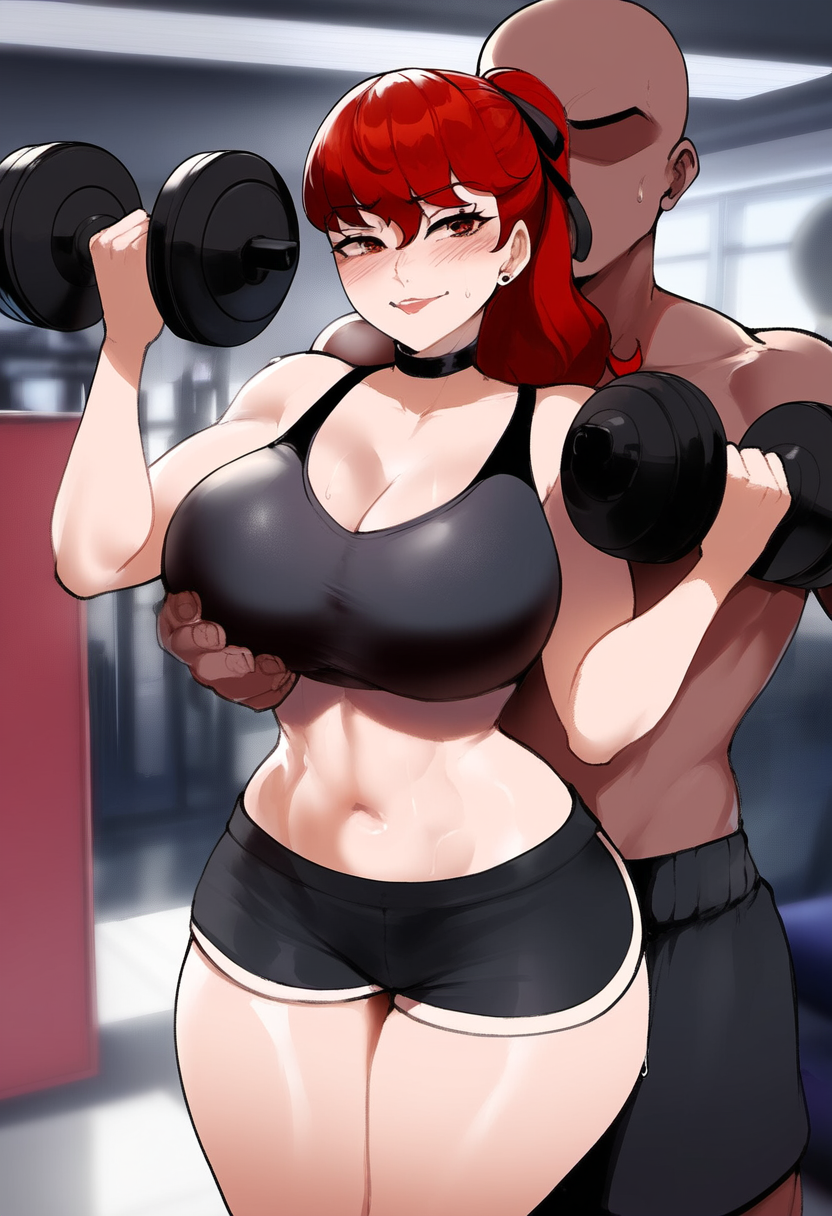 1boy 1boy1girl 1girls ai_generated asian asian_female atlus big_ass big_breasts black_male black_male_asian_female blush cleavage dark-skinned_male dat_ass female gym gym_clothes holding_breast holding_from_behind huge_ass huge_breasts interracial kasumi_yoshizawa large_ass large_breasts lifting_dumbbell lifting_object light-skinned_female long_hair looking_at_viewer megami_tensei pale_skin persona persona_5 persona_5_royal ponytail red_eyes red_hair revealing_clothes ribbon ribbon_in_hair shin_megami_tensei sports_bra sports_shorts standing wide_hips yojorock