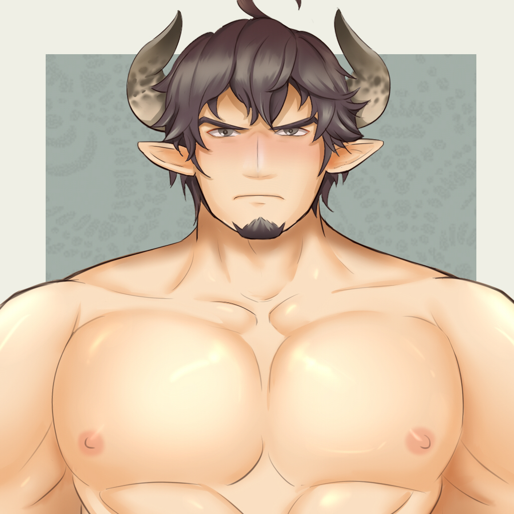 animal_ears artist_request bara barawa cow_ears draph facial_hair granblue_fantasy horns male male_only muscles muscular nude solo solo_male