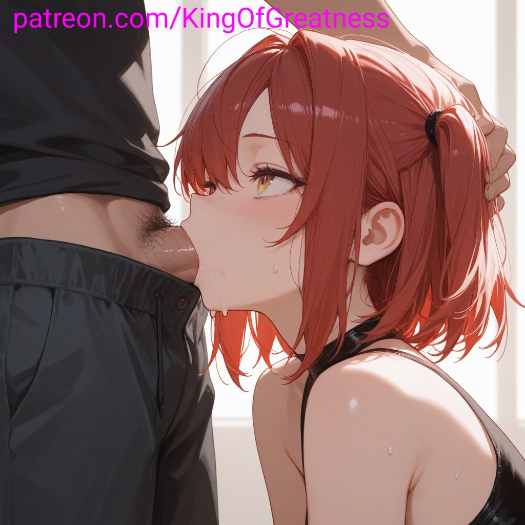 ai_generated blowjob choker cute deepthroat hand king_great oc on_head oral red_hair short_hair twintails yellow_eyes