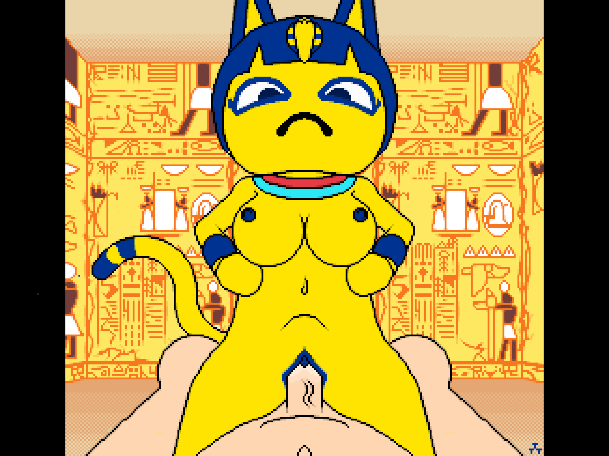 2d animal_crossing ankha ankha_(animal_crossing) anthro breasts cat_tail domestic_cat doubutsu_no_mori duo egyptian egyptian_architecture felid feline felis female first_person_view genitals hi_res hieroglyphics hrelterskrelter human looking_at_viewer male male/female mammal nairu_(doubutsu_no_mori) nintendo penetration penile penile_penetration penis penis_in_pussy vaginal_penetration villager_(animal_crossing)