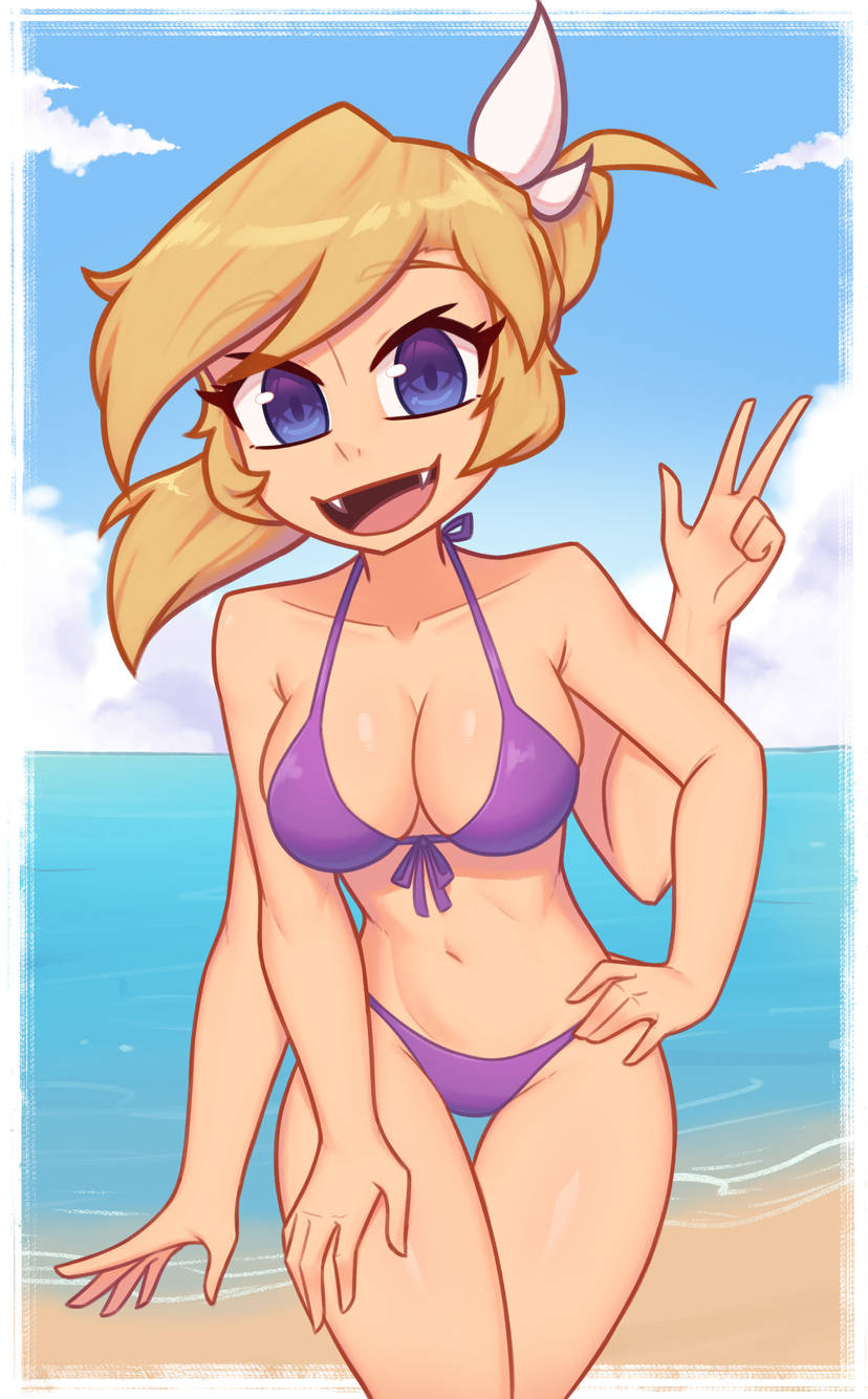 4_arms beach bikini bikini_bottom bikini_top blonde_hair blue_eyes fangs female nelly ocean open_mouth ponytail sand spider_girl swimsuit xyroni