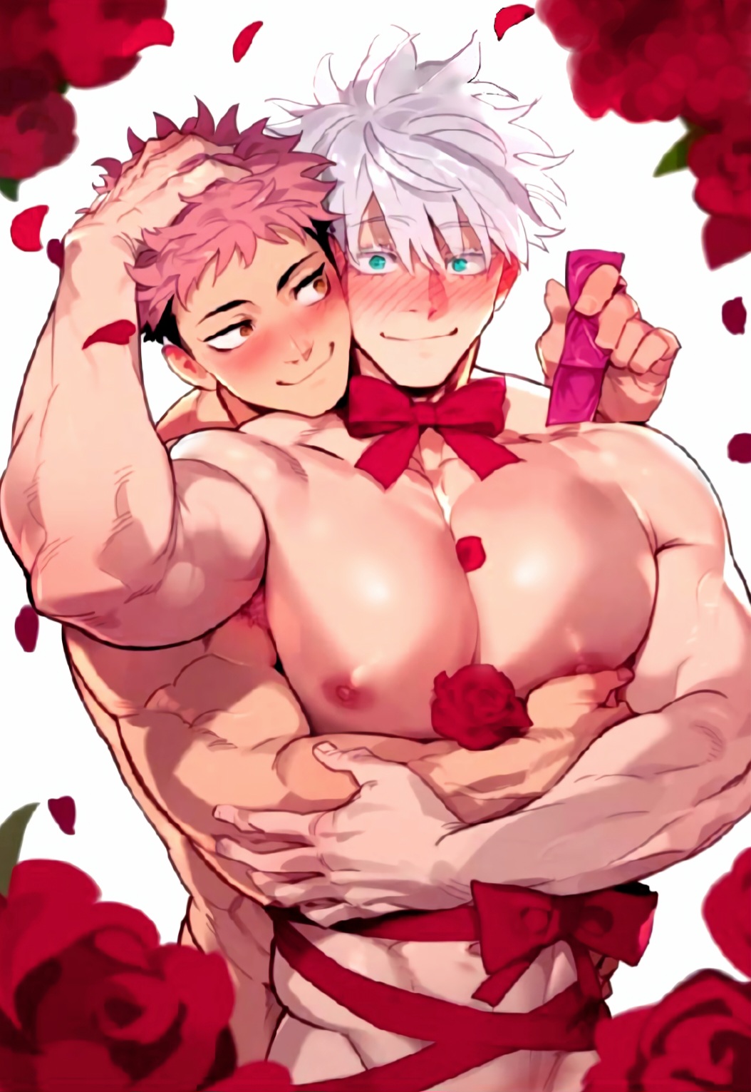 2boys 2male abs adult_and_teenager age_difference ai_generated albino arm_up armpits bara bara_tiddies bara_tits barazoku before_anal before_sex between_pectorals big_biceps big_muscles big_pecs blue_eyes blush bodybuilder bow bowtie bronze_skin_color condom condom_wrapper cute_expression cute_face dadcoochie daddy daddy_bottom daddy_penetrated edging erect_nipples flower frottage gojou_satoru hand_on_head horny hug hug_breasts hug_from_behind itadori_yuuji jujutsu_kaisen legs_out_of_frame male_focus moobs muscle_slut muscles muscular_arms muscular_bottom muscular_male muscular_shoulders muscular_sub muscular_top naked navel old_man pectoral_grab pelvic_line penis_outline petals pink_condom pink_hair pink_nipples preparation red_flower red_rose romantic romantic_couple rose_(flower) rose_petals rubbing rubbing_penis_on_ass satoru_gojo small_dom_big_sub smiling smooth_chest smooth_skin smooth_skinned_male teacher_and_student teenager touching_nipples two_boys undercut valentine's_day white_background white_hair white_skin white_skinned_male whore_eyes wrapped younger_male yuuji_itadori