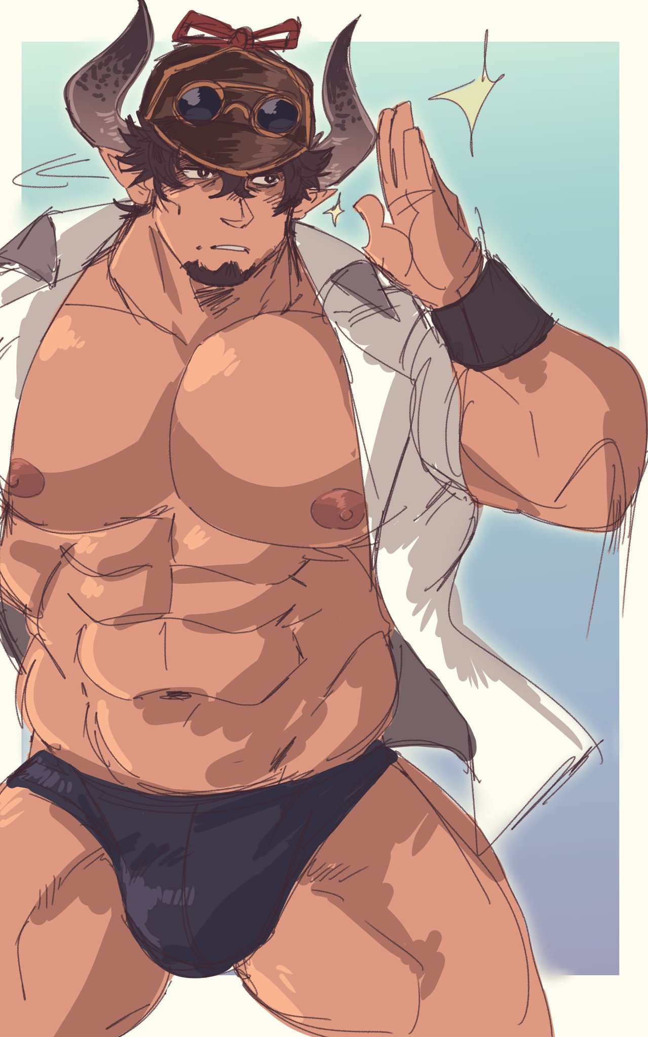 animal_ears balls bara barawa bulge cow_ears draph facial_hair flaccid granblue_fantasy horns juggermelon male male_only muscles muscular penis solo solo_male