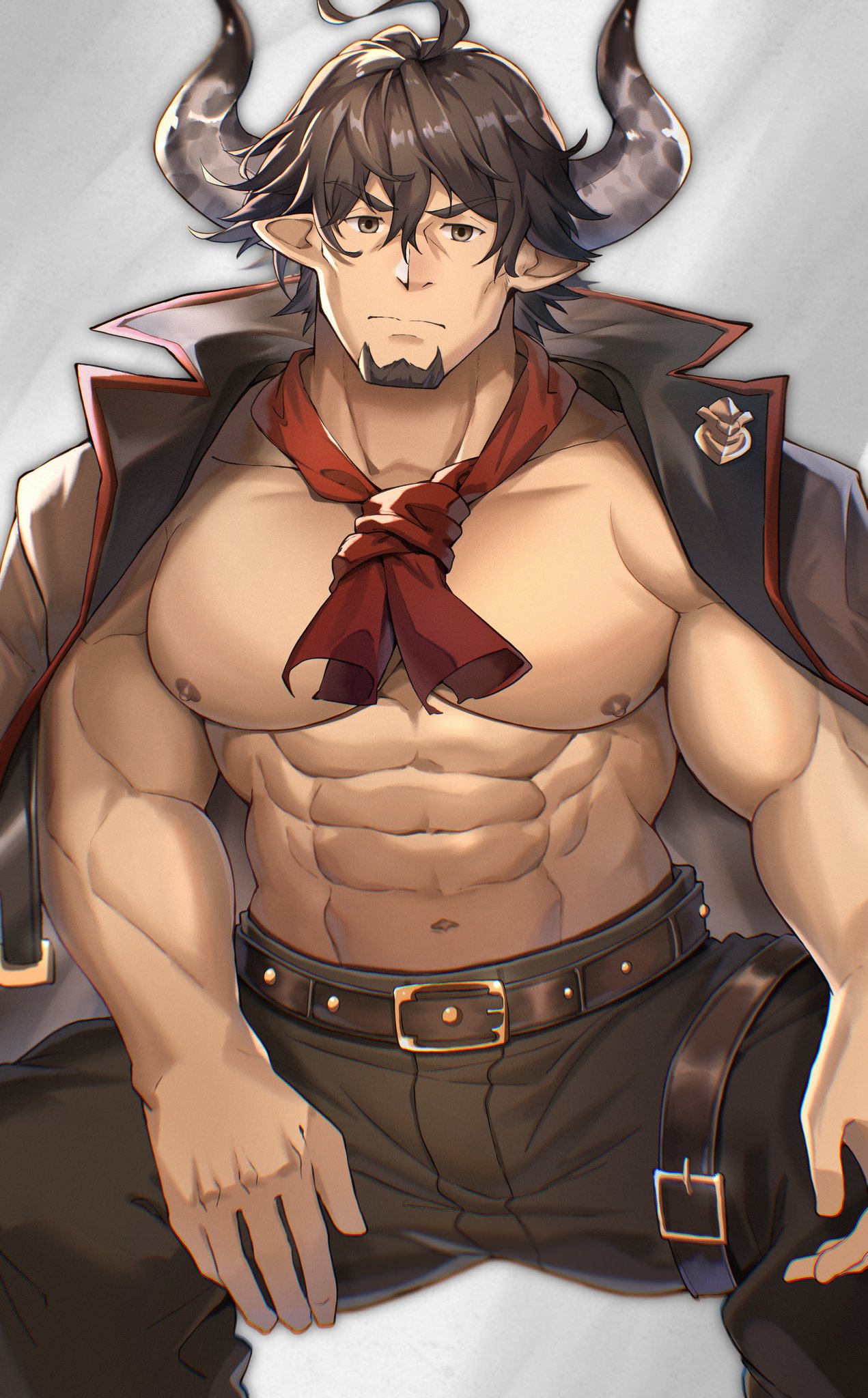 animal_ears bara barawa cow_ears draph facial_hair granblue_fantasy horns male male_only muscles muscular shirtless sitting solo solo_male tekkowang