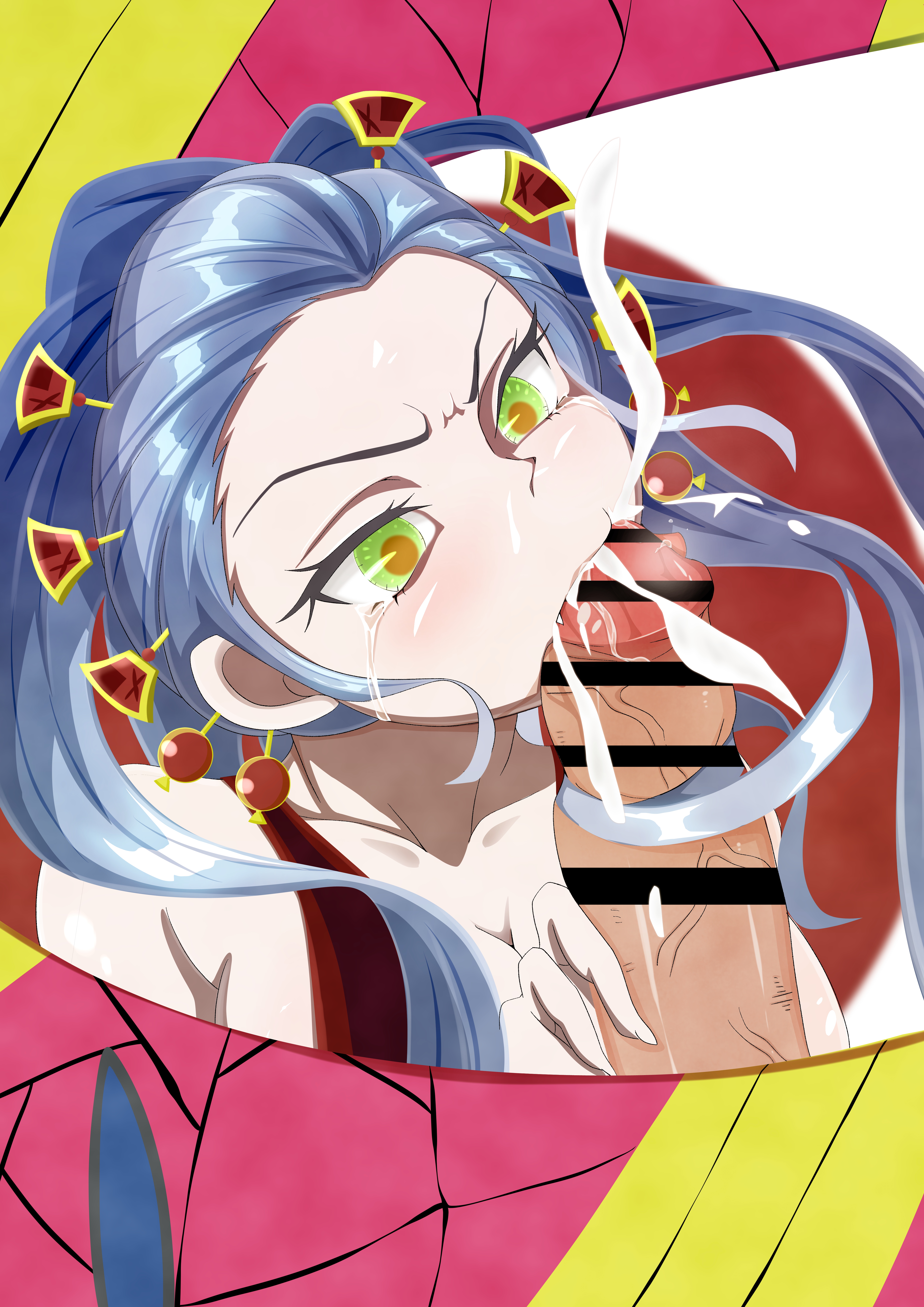 1boy, 1girls, bar censor, censored, crying, crying with eyes open, cum in mouth, daki (kimetsu no yaiba), demon, demon girl, demon slayer, ejaculation, erection, faceless male, fellatio, female, female focus, green eyes, hair ornament, hairjob, holding penis, kimetsu no yaiba, male, oral, penis, silver hair, tears
