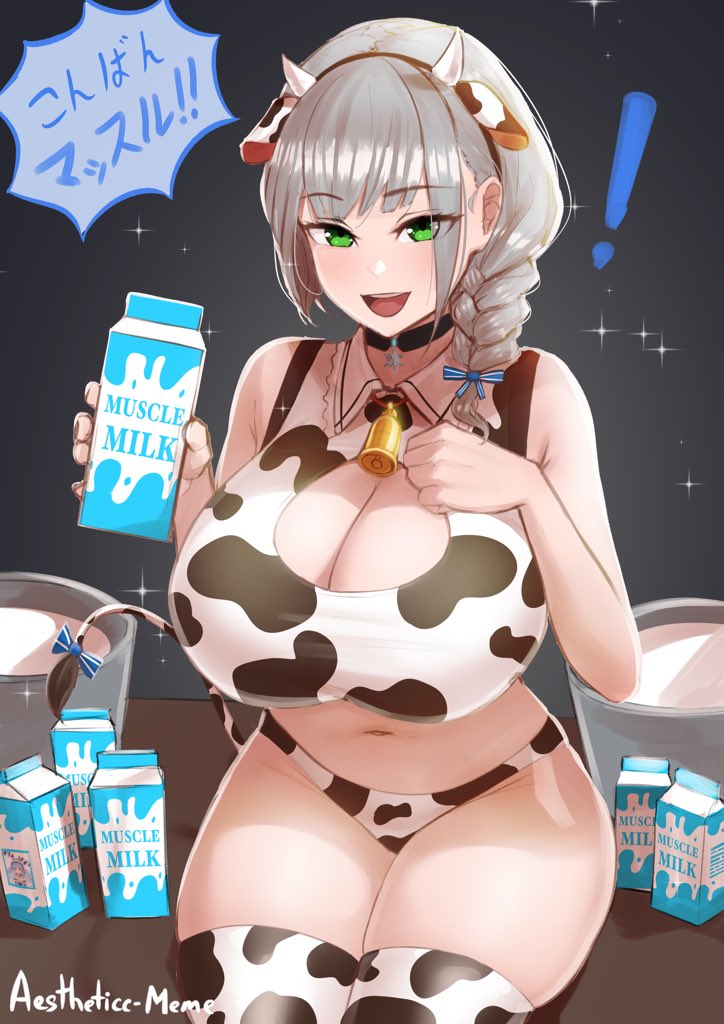 ! !! 1girls 2021 aestheticc-meme animal_ears animal_print artist_name bell breasts bucket choker cleavage cow_ears cow_horns cow_print cow_print_armwear cow_print_bikini cow_tail cowbell eyebrows_visible_through_hair eyes_visible_through_hair female female_focus female_only green_eyes hairband holding hololive hololive_fantasy hololive_japan horns huge_breasts looking_at_viewer milk_carton navel open_mouth shirogane_noel sitting solo solo_female tail teeth thighhighs tongue translated virtual_youtuber watermark