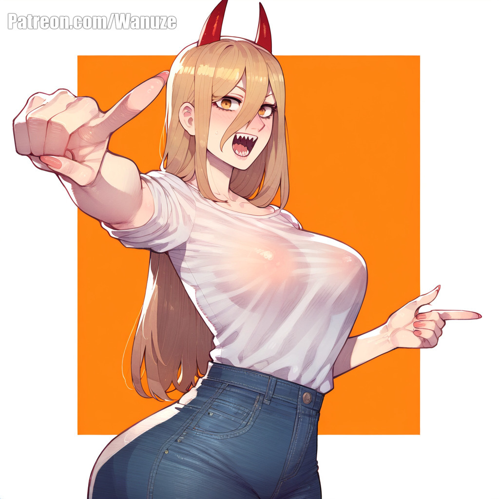 ai_generated big_ass big_breasts big_butt big_thighs blue_pants blush chainsaw_man horn huge_ass huge_butt huge_thighs medium_breasts orange_eyes orange_hair pointing power_(chainsaw_man) red_horns see-through see-through_clothing sharp_teeth simple_background standing wanuze white_shirt wide_hips