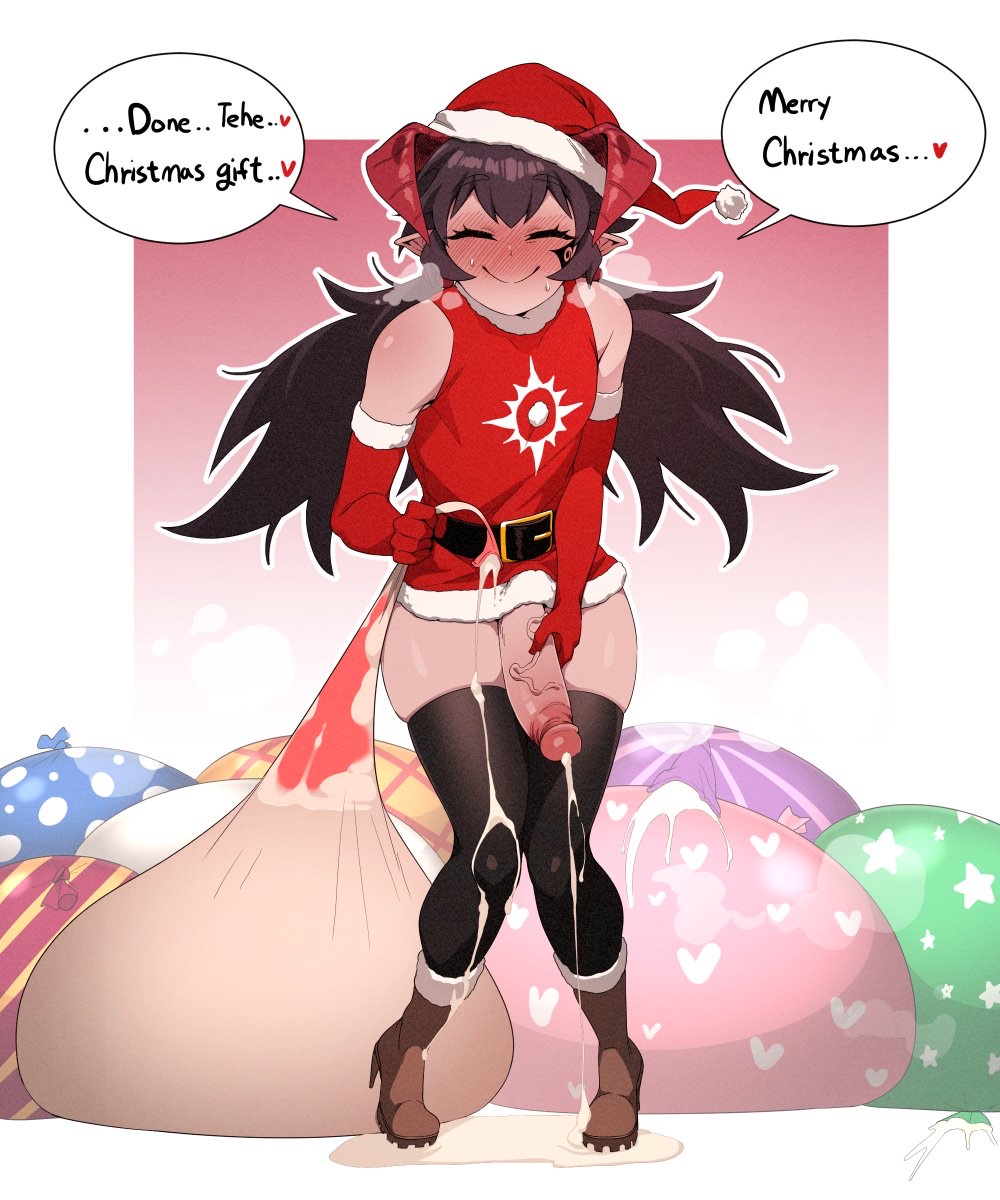 1boy ain(in) big_ass bottomless christmas condom cum cum_in_condom demon_king demon_king_(in) elbow_gloves erection excessive_cum femboy gloves humanoid hung_trap male male_only masturbation multiple_condoms solo standing thighhighs