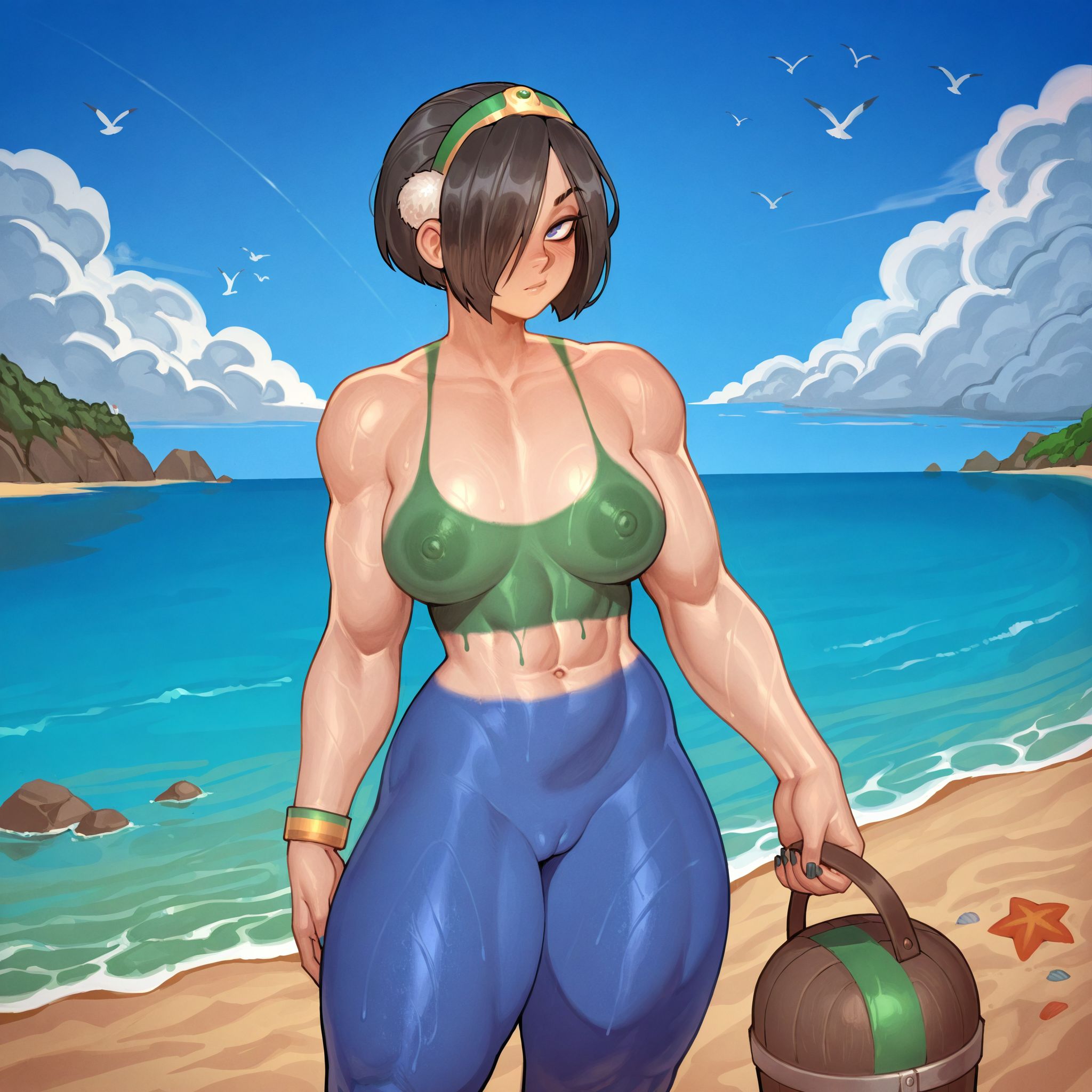aged up, ai generated, avatar legends, avatar the last airbender, big breasts, black hair, breasts, busty, female, female only, green eyes, hair covering eye, headband, looking at viewer, nickelodeon, one eye covered, thick thighs, thighs, tied hair, toph bei fong