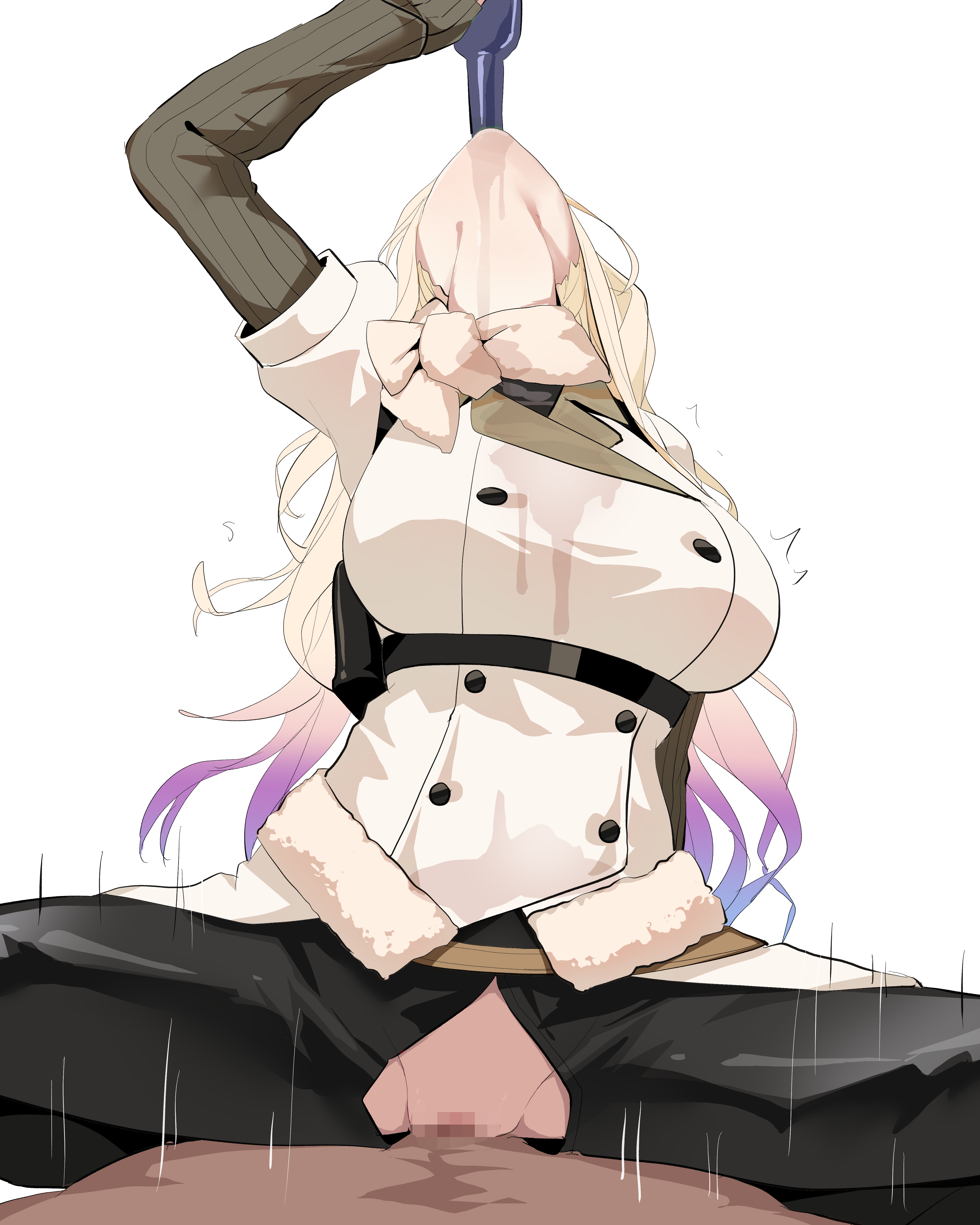 1boy, a-91 (girls' frontline), absurdres, arm up, blonde hair, bottle, breasts, brown scarf, censored, coat, commentary request, cowgirl position, drinking, female, fur trim, fur-trimmed coat, girls' frontline, gradient hair, highres, holding, holding bottle, large breasts, long hair, male, mosaic censoring, multicolored hair, pharetra third, pov, pov crotch, purple hair, pussy, scarf, sex, simple background, straddling, straight, vaginal penetration, wet, wet clothes, white background, white coat, yanagui, yanagui yugi