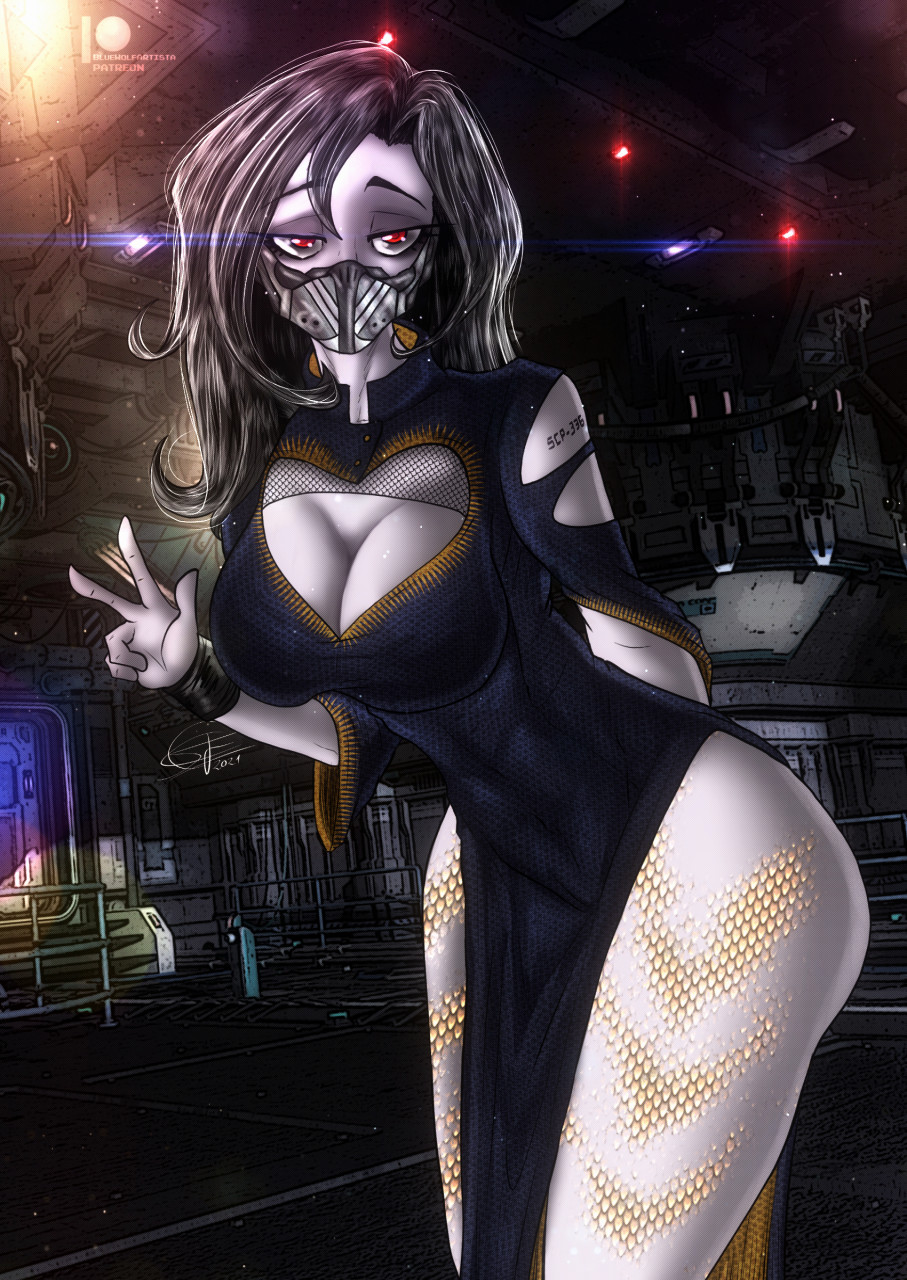 1girls, ass, big breasts, bluewolfartista, breasts, clothed, dress, female, lilith (scp-336), red eyes, scp foundation, scp-336, solo, wide hips