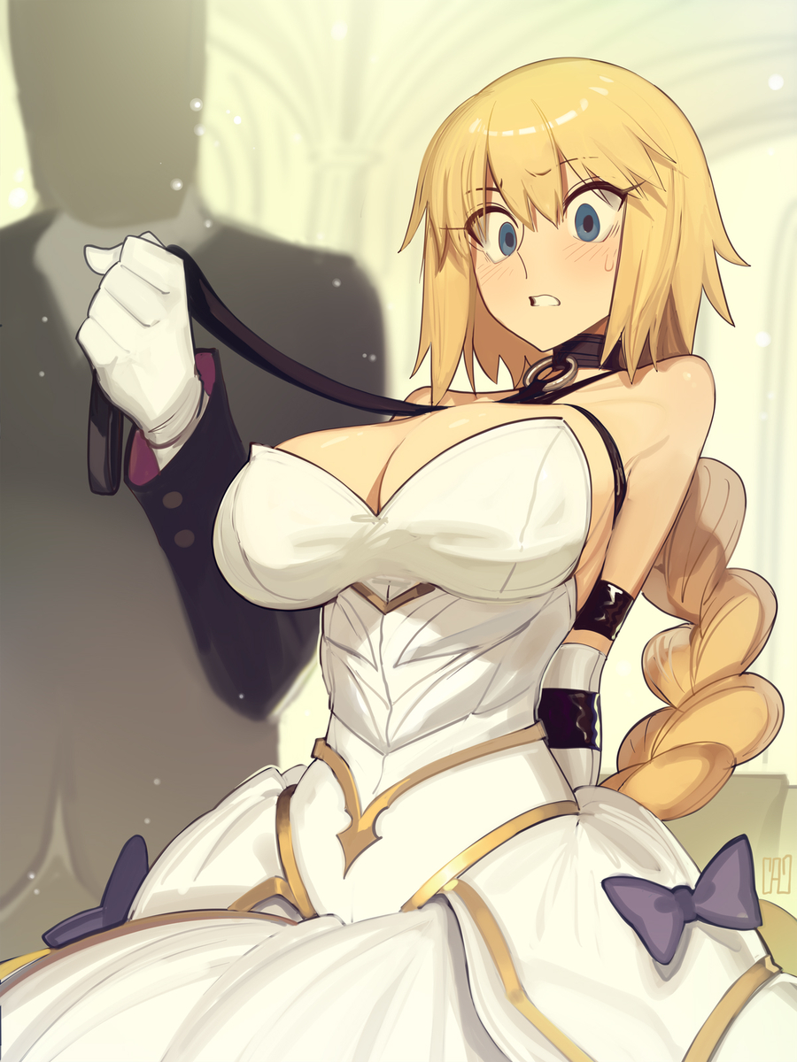 big_breasts blonde_hair blush bondage bridal_gauntlets bride forced_marriage holding_leash jeanne_d'arc_(fate) leash leash_and_collar leash_pull leashed_collar marriage married wide_eyed