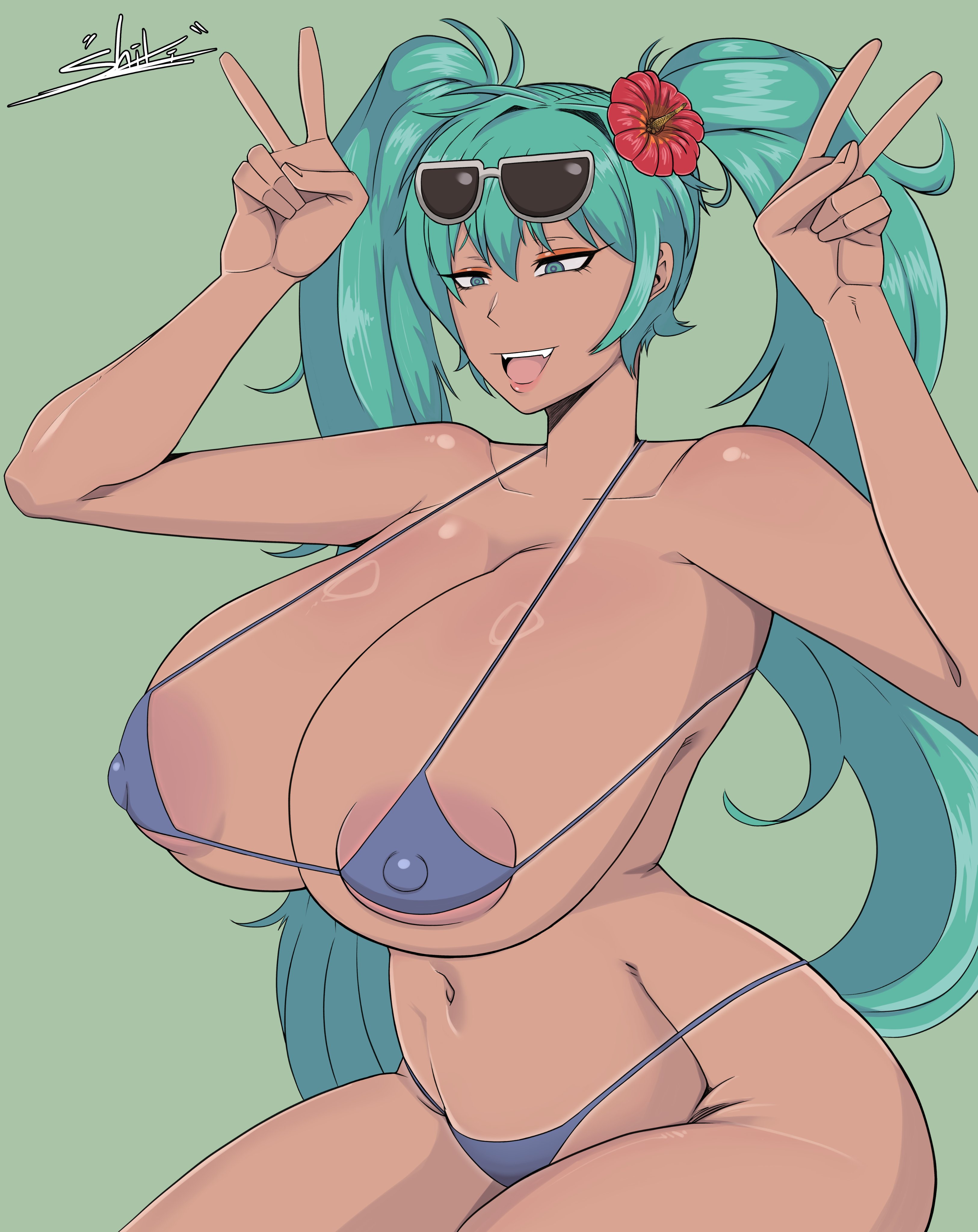 1girl, 1girls, aqua eyes, aqua hair, areola, areola slip, ass, big areola, big ass, big breasts, big nipples, big thighs, bikini, brazil, brazilian, brazilian female, brazilian miku, breasts, covered nipples, cyan eyes, cyan hair, dark skin, double v, eyewear on head, female, female only, flower, gigantic ass, gigantic breasts, gigantic thighs, green background, hair flower, hair ornament, hatsune miku, huge ass, huge breasts, huge thighs, latin american hatsune miku (meme), long hair, looking at viewer, micro bikini, navel, nipples, open mouth, shiki19800217, simple background, smile, solo, sunglasses, swimsuit, tagme, tan, tan body, thick hips, thick thighs, thighs, twintails, v, very long hair, vocaloid