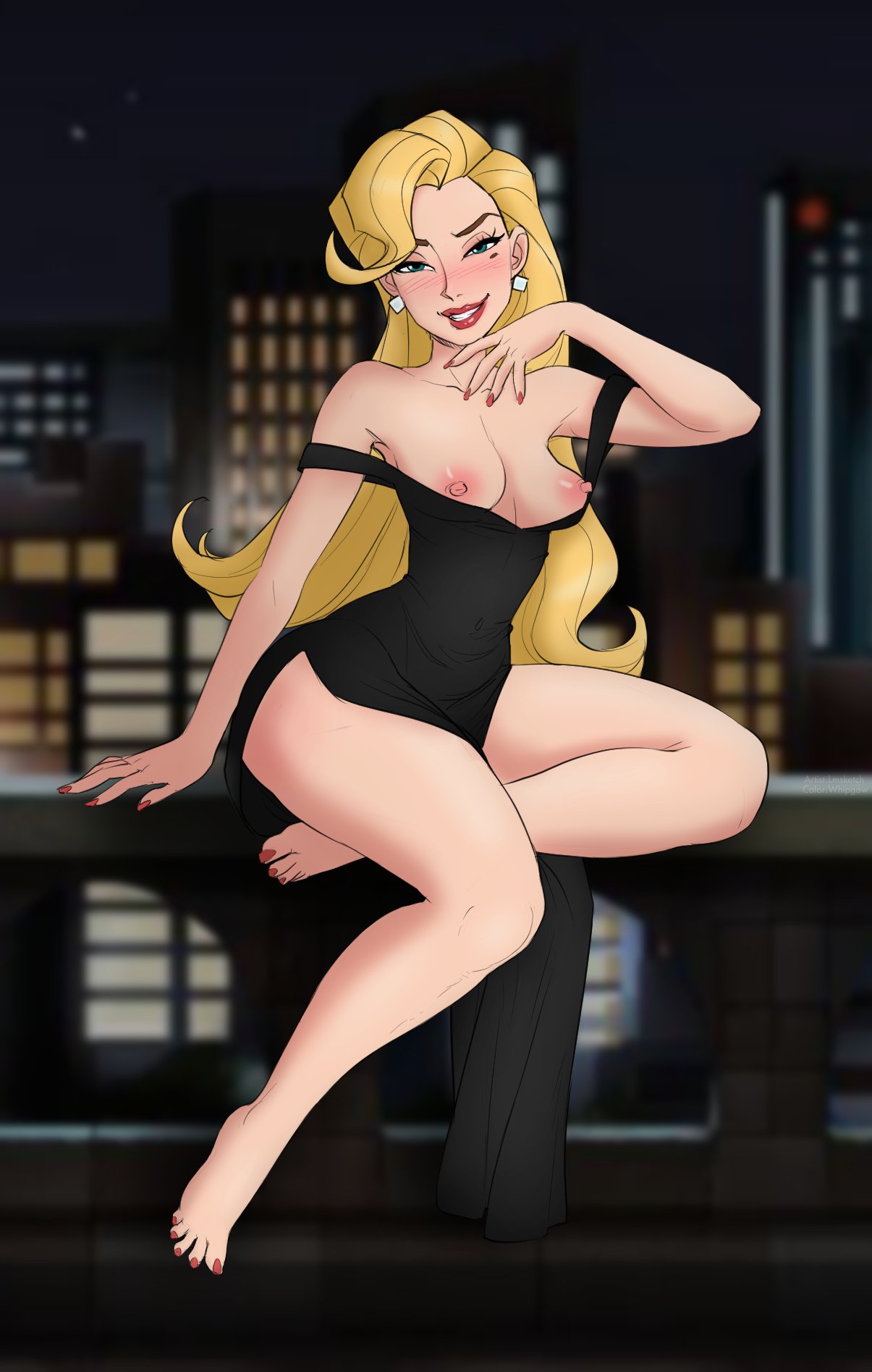 1girls areolae atlantis:_the_lost_empire barefoot big_breasts black_dress blonde_female blonde_hair blue_eyes breasts disney dress feet female female_focus female_only helga_sinclair human legoman long_toenails nipples painted_nails whipgaw