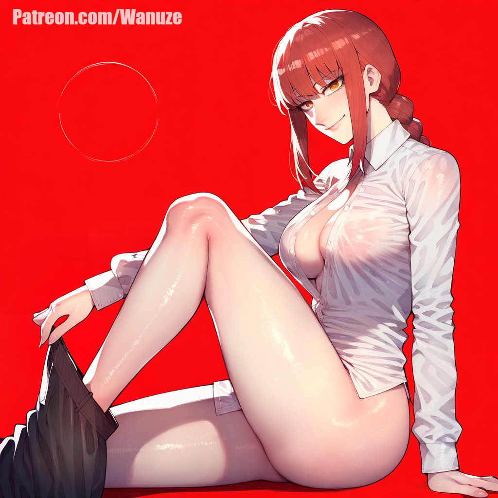 ai generated, ass, big ass, big breasts, big butt, big thighs, blush, breasts, chainsaw man, female, female only, huge ass, huge butt, huge thighs, makima (chainsaw man), no bra, no panties, pants down, red background, red hair, see-through, see-through clothing, simple background, wanuze, white shirt, wide hips, yellow eyes