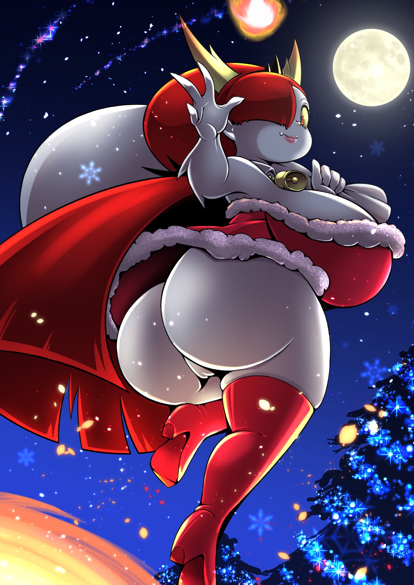 1girls, anthro, ass, back, back view, bell collar, breasts, christmas, christmas tree, cocco, disney, disney channel, disney xd, female, female focus, female only, hekapoo, holidays, horns, huge ass, huge breasts, huge butt, humanoid, large ass, long hair, looking back, low-angle view, moon, pussy, red hair, revealing clothes, snow, snowing, star vs the forces of evil, thick thighs, voluptuous, wide hips