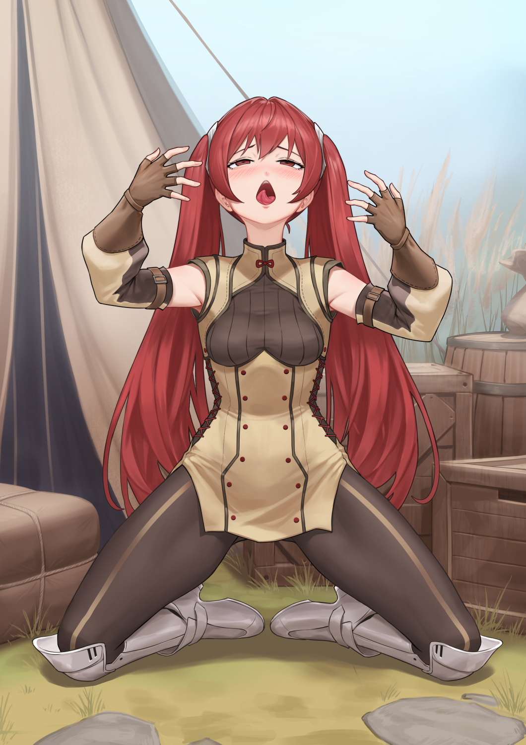 armored_boots ass barrel black_pantyhose boots breasts brown_tunic commission cunnilingus english_commentary female fingerless_gloves fire_emblem fire_emblem_awakening from_behind gloves highres kneeling long_hair oral outdoors pantyhose pussy_juice red_hair severa_(fire_emblem) small_breasts tent tongue tongue_out tunic twintails yuri zero_a