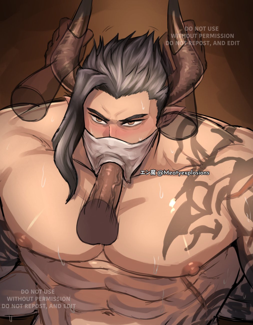 animal_ears balls bara blowjob boner cow_ears disembodied_hands disembodied_penis draph erection garma gay granblue_fantasy horns male male_only meatyexplosions muscles muscular nude oral penis sweat sweating