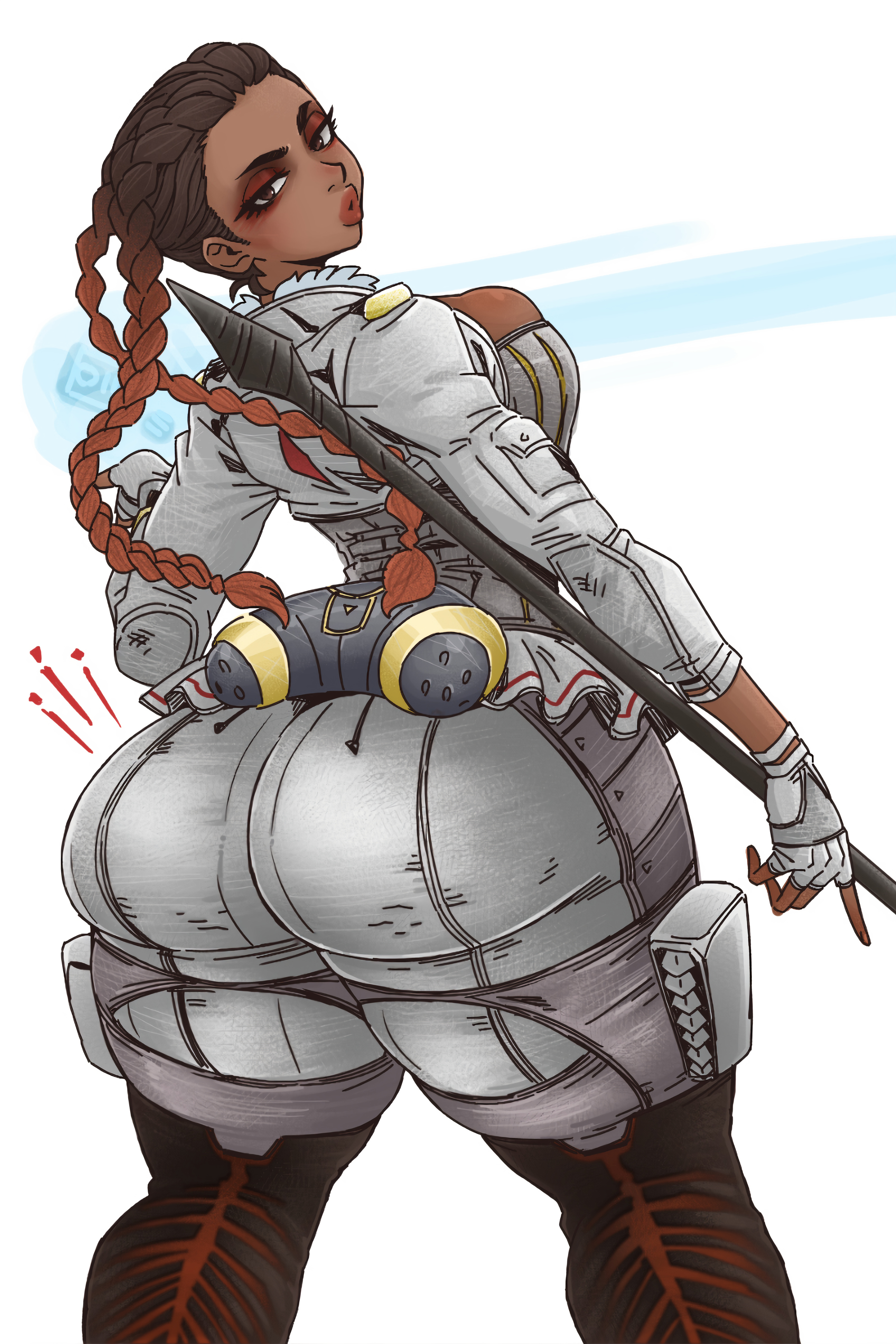 2d, apex legends, artist request, ass, back view, belt, big ass, big breasts, big butt, big hips, big thighs, bottom heavy, breast squeeze, breast squish, breasts, breasts out, bubble ass, bubble butt, bursting breasts, bursting butt, bursting clothes, cameltoe, female, gigantic ass, gigantic butt, loba (apex legends), looking at another, outgrowing clothes, pussy, skin tight, skin tight suit, stretched clothing, thick, thick ass, thick hips, thick legs, thick thighs, tight clothes, tight clothing, tight pants, tights, viewed from behind, viewed from below
