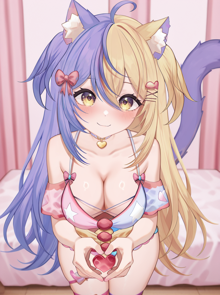 blonde_hair cat_ears cleavage cleavage_cutout lolanyas multicolored_hair purple_hair smile smollola virtual_youtuber vtuber vtuberfanart vtubers yellow_eyes