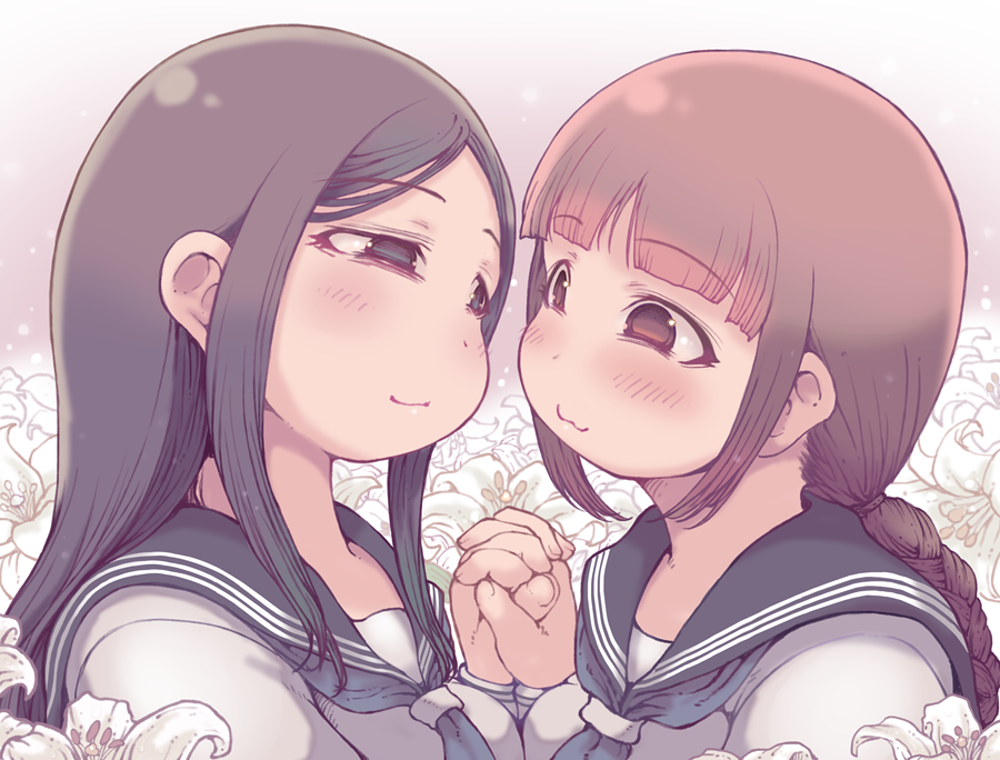 2girls black_eyes black_hair brown_eyes brown_hair eye_contact female female_only holding_hands ibukichi interlocked_fingers lily_(flower) long_hair original school_uniform smile yuri