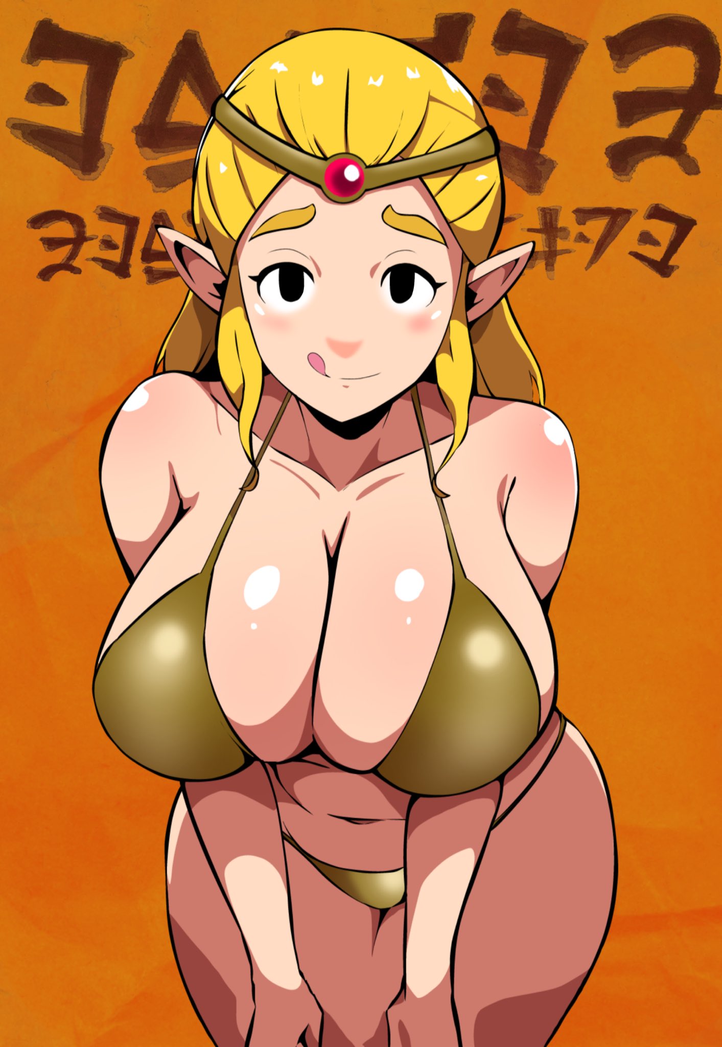 big_breasts bikini blush enbitonbi female golden_bikini japanese_text licking_lips long_hair nintendo pointy_ears princess_zelda the_legend_of_zelda tiara