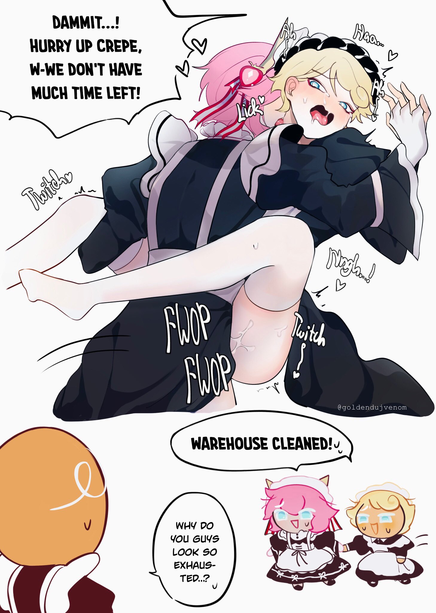 cookie run, cookie run kingdom, custard cookie iii, english text, gay, gay sex, gingerbrave, maid, maid uniform, male, strawberry crepe cookie, text