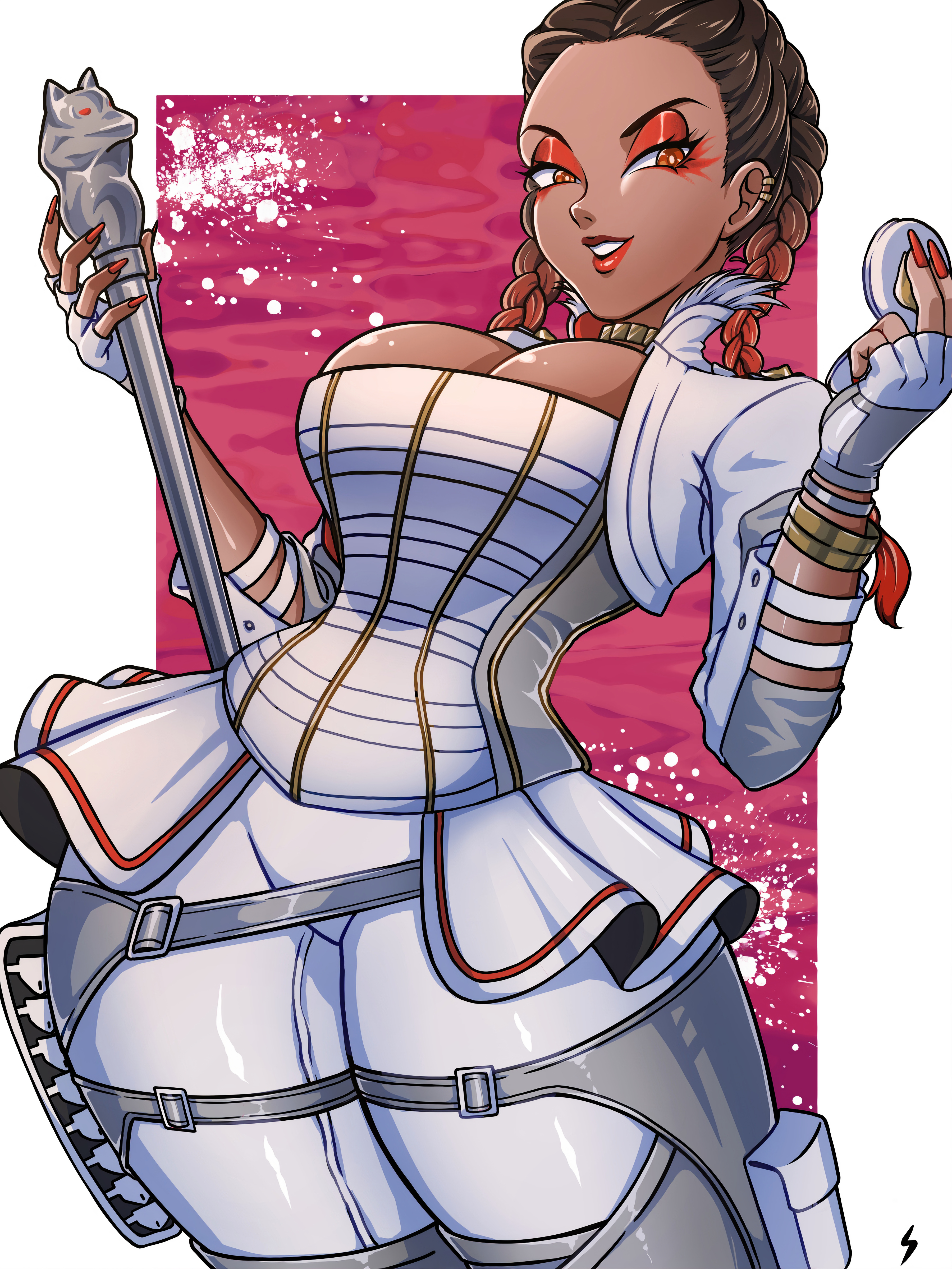 1girls, 2d, apex legends, artist request, ass, back view, belt, big ass, big breasts, big butt, big hips, big thighs, bottom heavy, braid, braided hair, braids, breast squeeze, breast squish, breasts, breasts out, brown hair, bubble ass, bubble butt, bursting breasts, bursting butt, bursting clothes, cameltoe, deep cleavage, facing viewer, female, female only, gigantic ass, gigantic butt, loba (apex legends), looking at another, mostly clothed, ombre hair, outgrowing clothes, pushup bra, pussy, red eyeshadow, red hair, red makeup, skin tight, skin tight suit, smirk, solo, solo female, staff, stretched clothing, tactical gear, thick, thick ass, thick hips, thick legs, thick thighs, tight clothes, tight clothing, tight fit, tight pants, tights, twin braids, two-tone hair, viewed from below, weapon