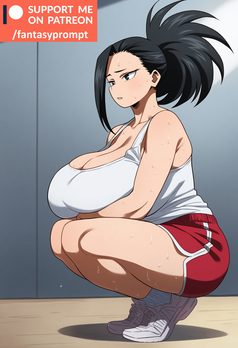 ai_generated black_hair boku_no_hero_academia breasts_bigger_than_head breasts_squeezed_together exhausted fantasyprompt female female female_only gigantic_breasts gym huge_breasts long_hair momo_yaoyorozu my_hero_academia narrow_waist narrowed_eyes shorts squatting sweat sweating tank_top tied_hair tight_clothing tight_fit wide_hips