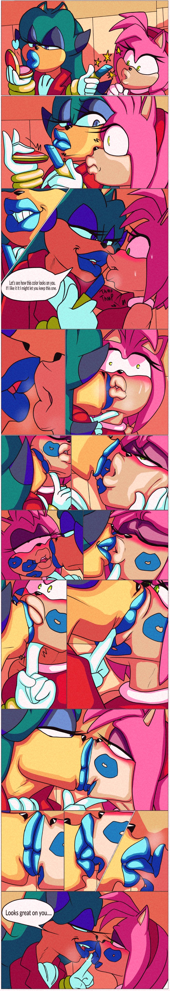 2girls amy_rose blue_lips blue_lipstick breezie_the_hedgehog comic female french_kiss furry kiss_mark_on_lips kissing lipstick lipstick_mark lipstick_on_face nekomajinsama saliva_string sonic_(series) yuri