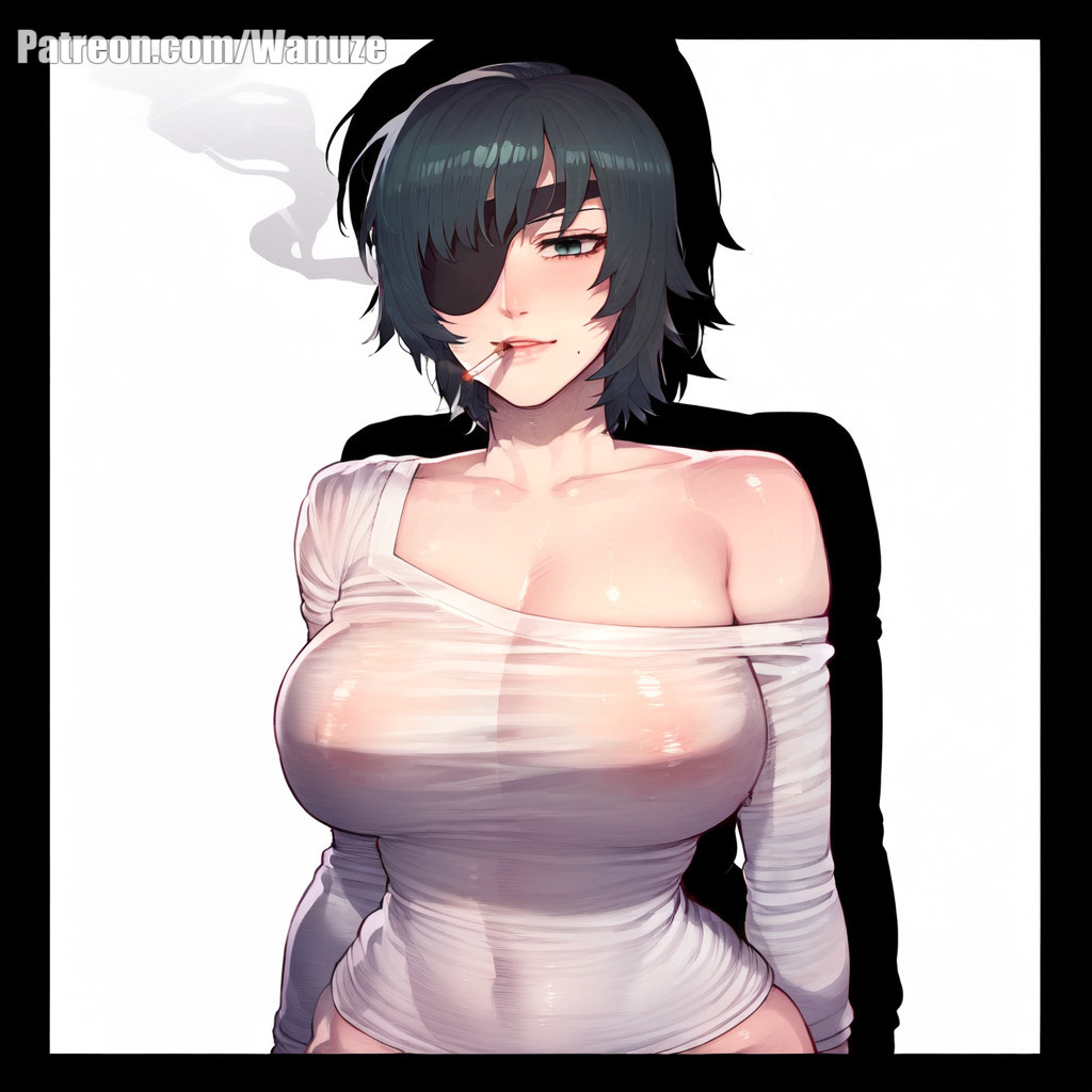 ai_generated big_ass big_breasts big_butt big_thighs blindfold blush chainsaw_man cigarette green_eyes green_hair himeno_(chainsaw_man) huge_ass huge_butt huge_thighs medium_breasts no_bra no_panties no_pants see-through see-through_clothing simple_background wanuze white_shirt wide_hips