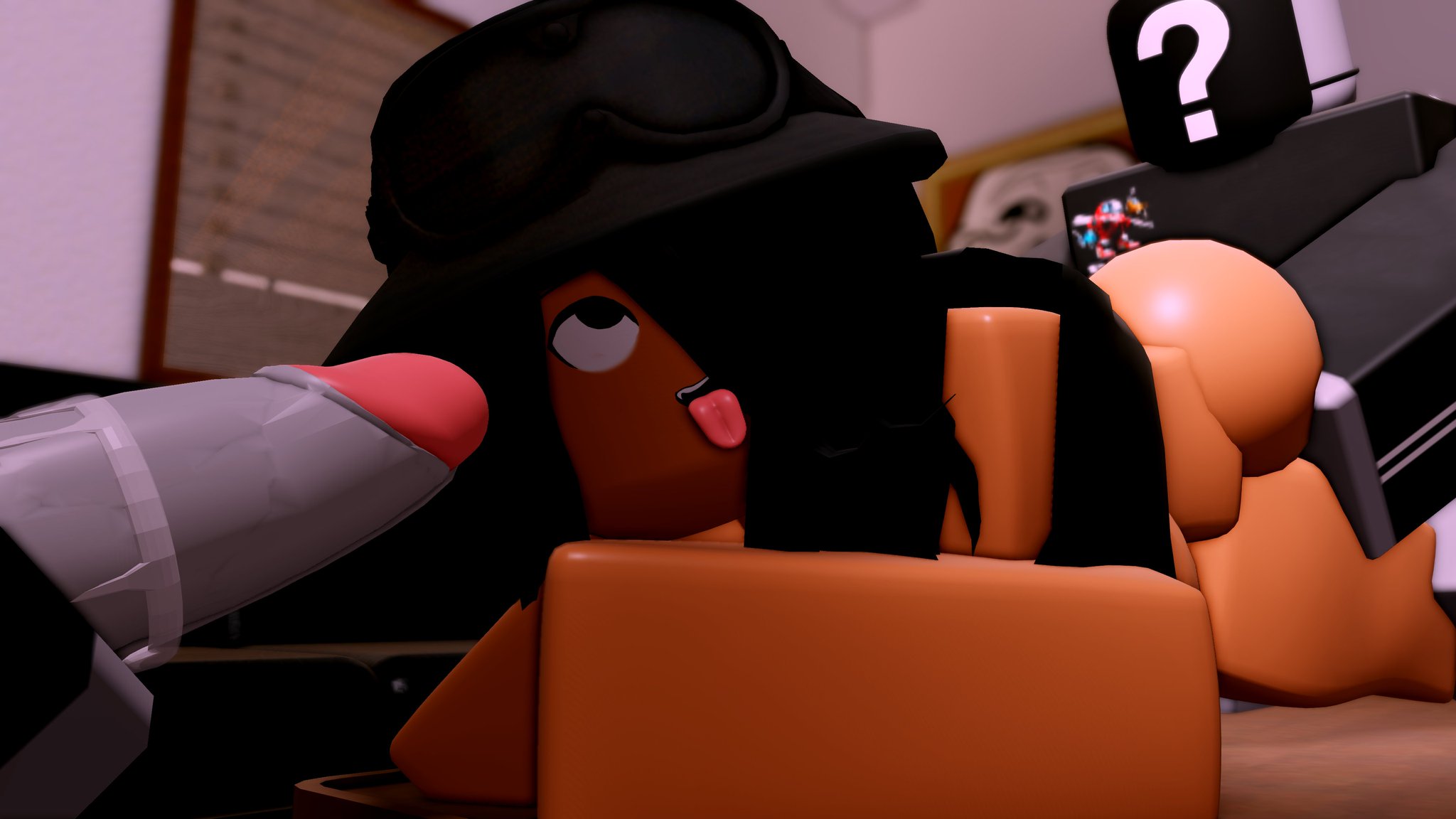 ?, 1girls, 2boys, 3d, 3d (artwork), ahe gao, female, from behind, hair over one eye, hat, male, on table, roblox, robloxdegen, robloxian, sex from behind, tagme, tounge out