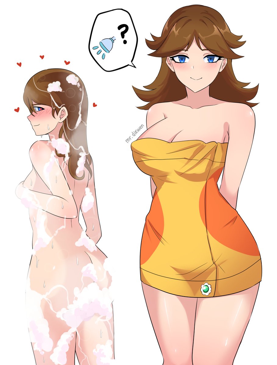 1girls, ass, blue eyes, blush, breasts, brown hair, cleavage, closed mouth, collarbone, female, female only, from behind, heart, large breasts, long hair, looking at viewer, mario (series), mrdikwen, multiple views, naked towel, nintendo, nude, princess daisy, smile, towel, wet